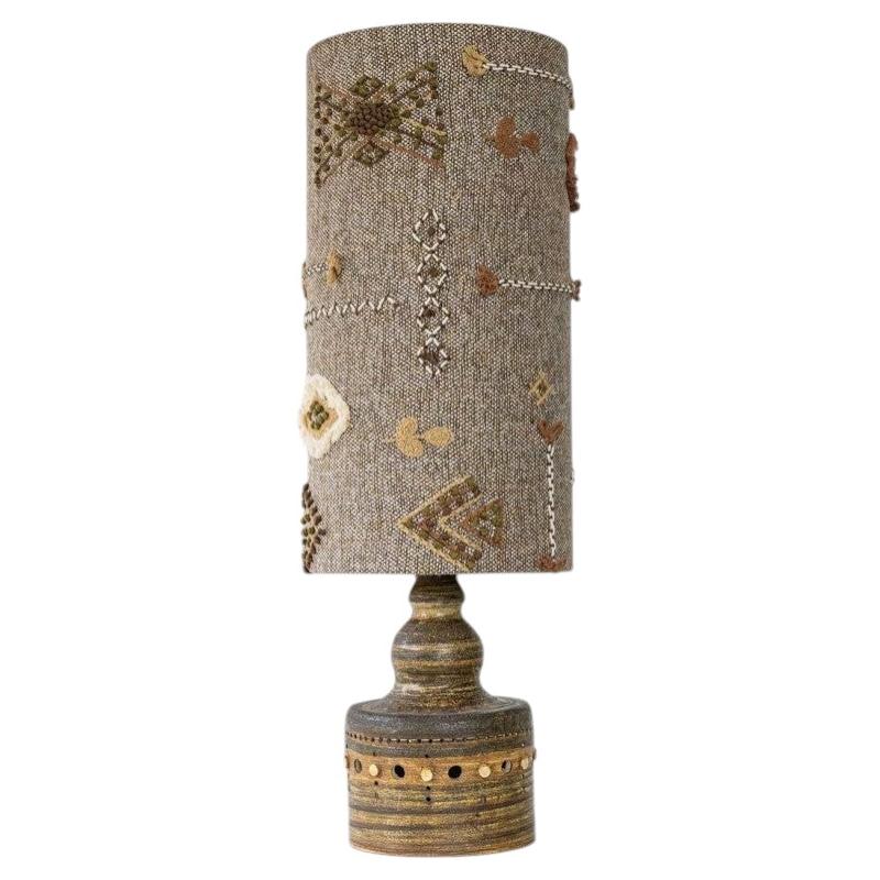Natural Ceramic Lamp by Pelletier, Custom Made Emboidered Lampshade by R. Houben