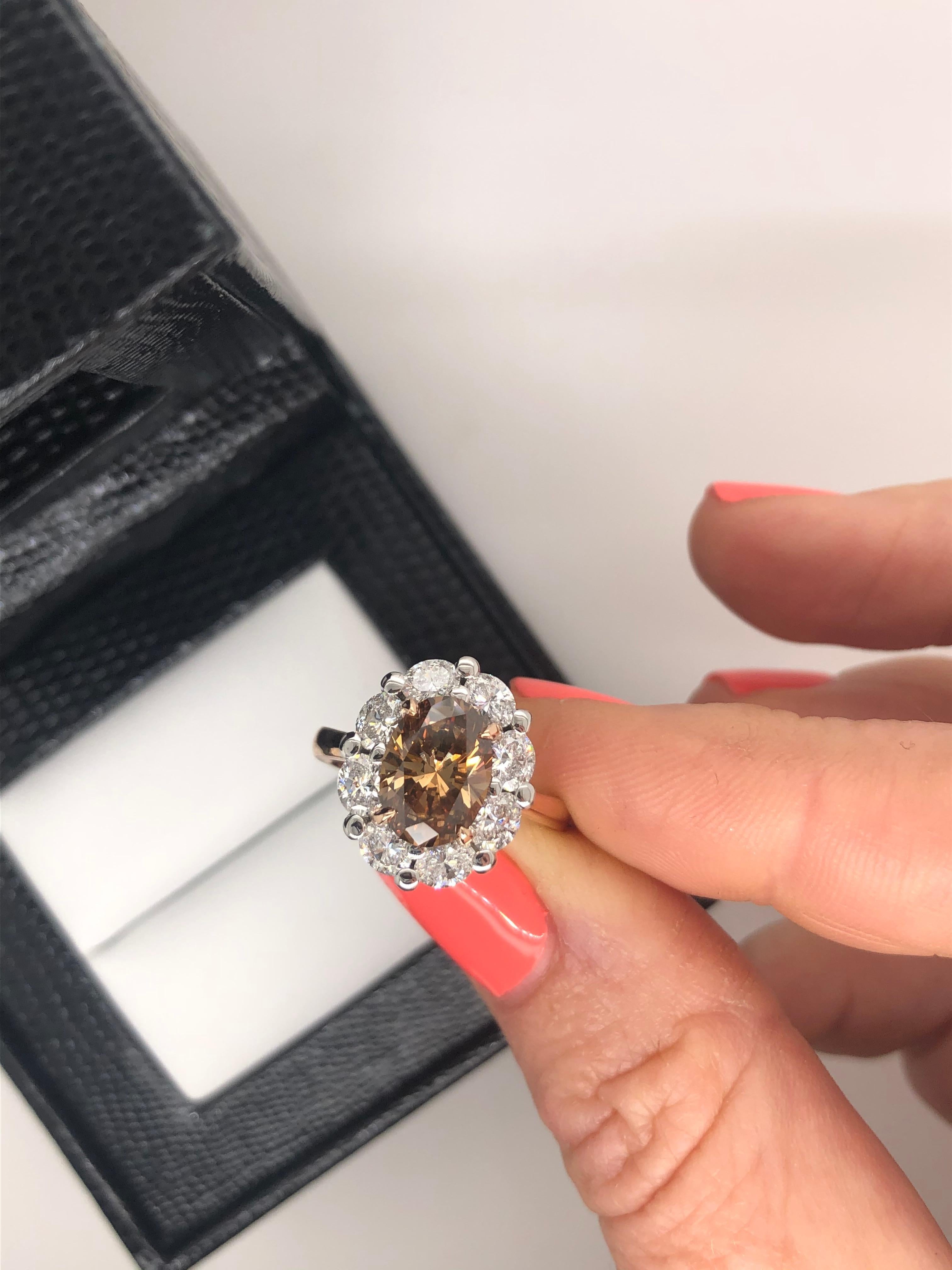 Exceptional Hand Crafted, 18ct rose and white gold Australian Argyle Cognac Diamond ring.
The Central Oval 2.03ct, Argyle 'Fancy Deep Orangy Brown' diamond as per Origin Report # RTARG101425  is set in rose gold talon claws and surrounded by 8 Oval