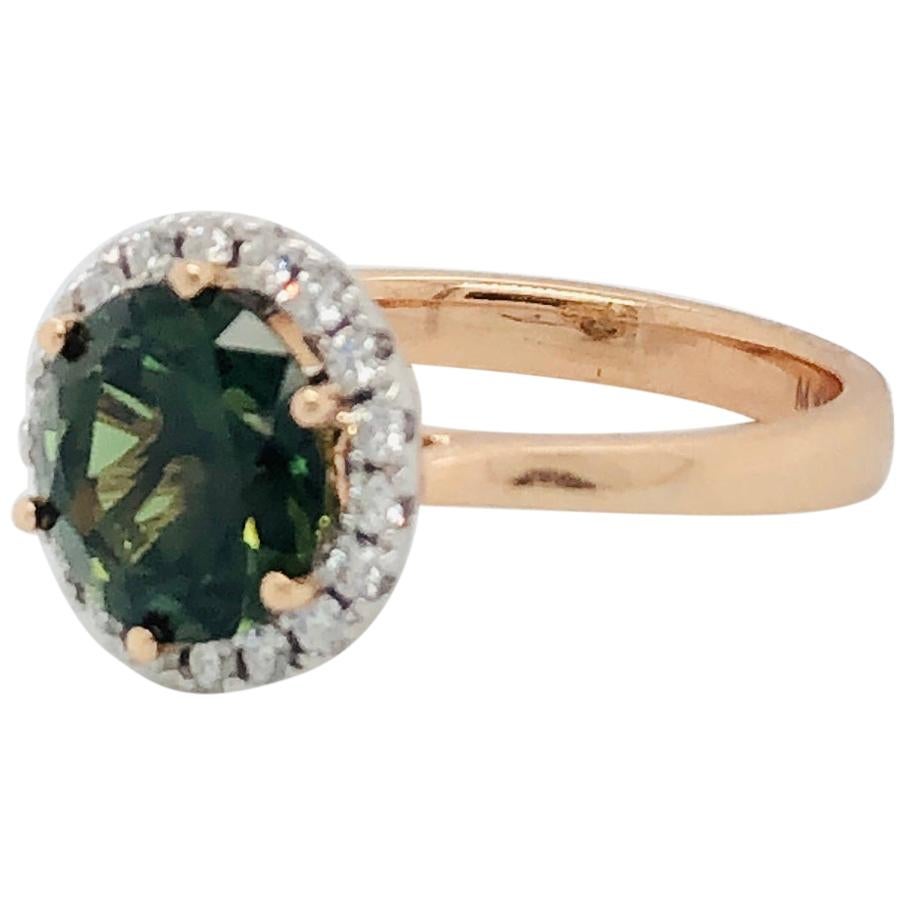 Natural Certified 3.59 Carat Round Green Sapphire and Diamond Engagement Ring For Sale