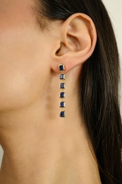 Natural Certified 6.21ctw Blue Sapphire Long Dangle Earrings in 14k Yellow Gold