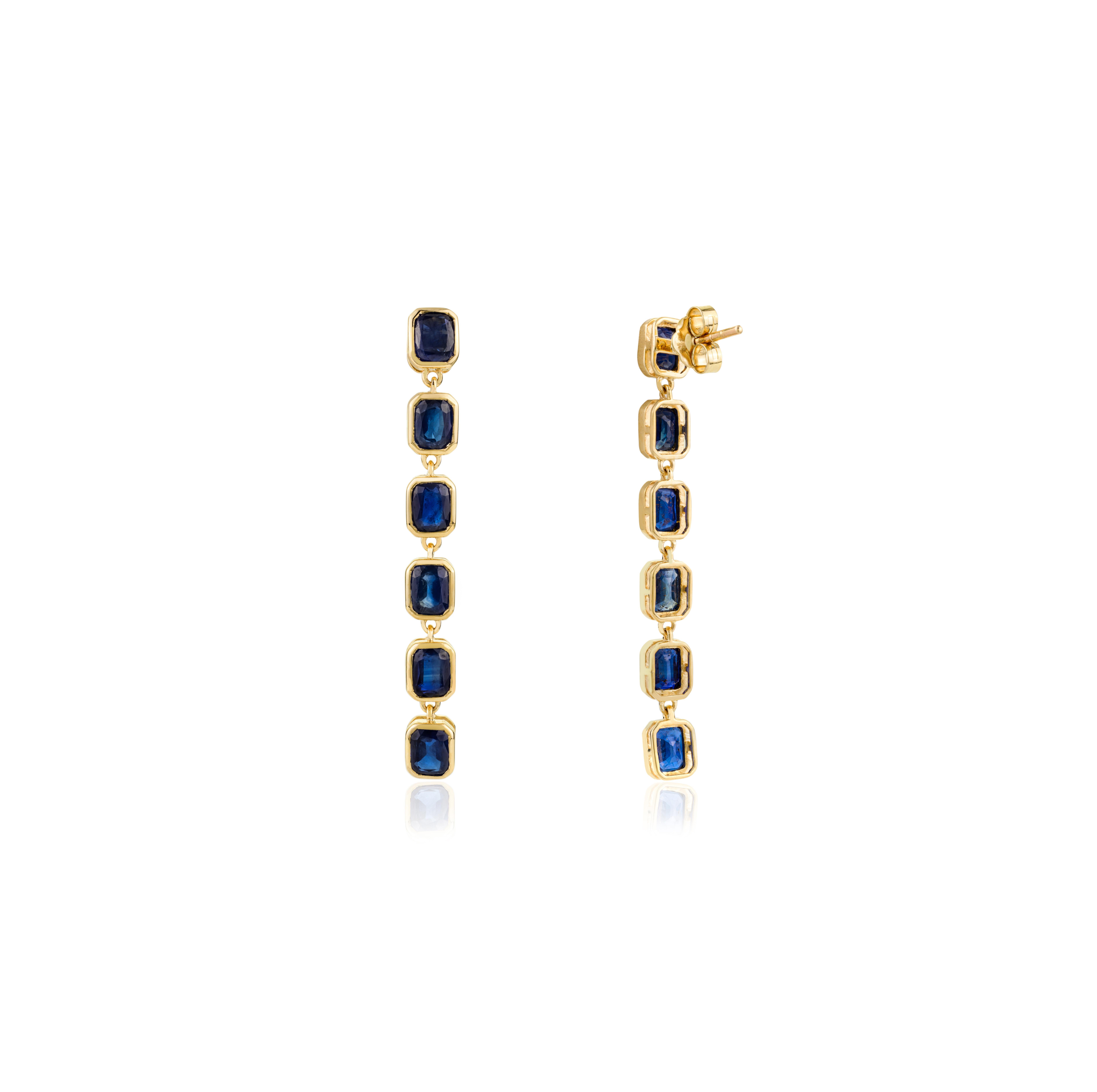 Natürliche zertifizierte 6,21ctw blauer Saphir lange Ohrringe baumeln in 14k Gelbgold (Art déco) im Angebot