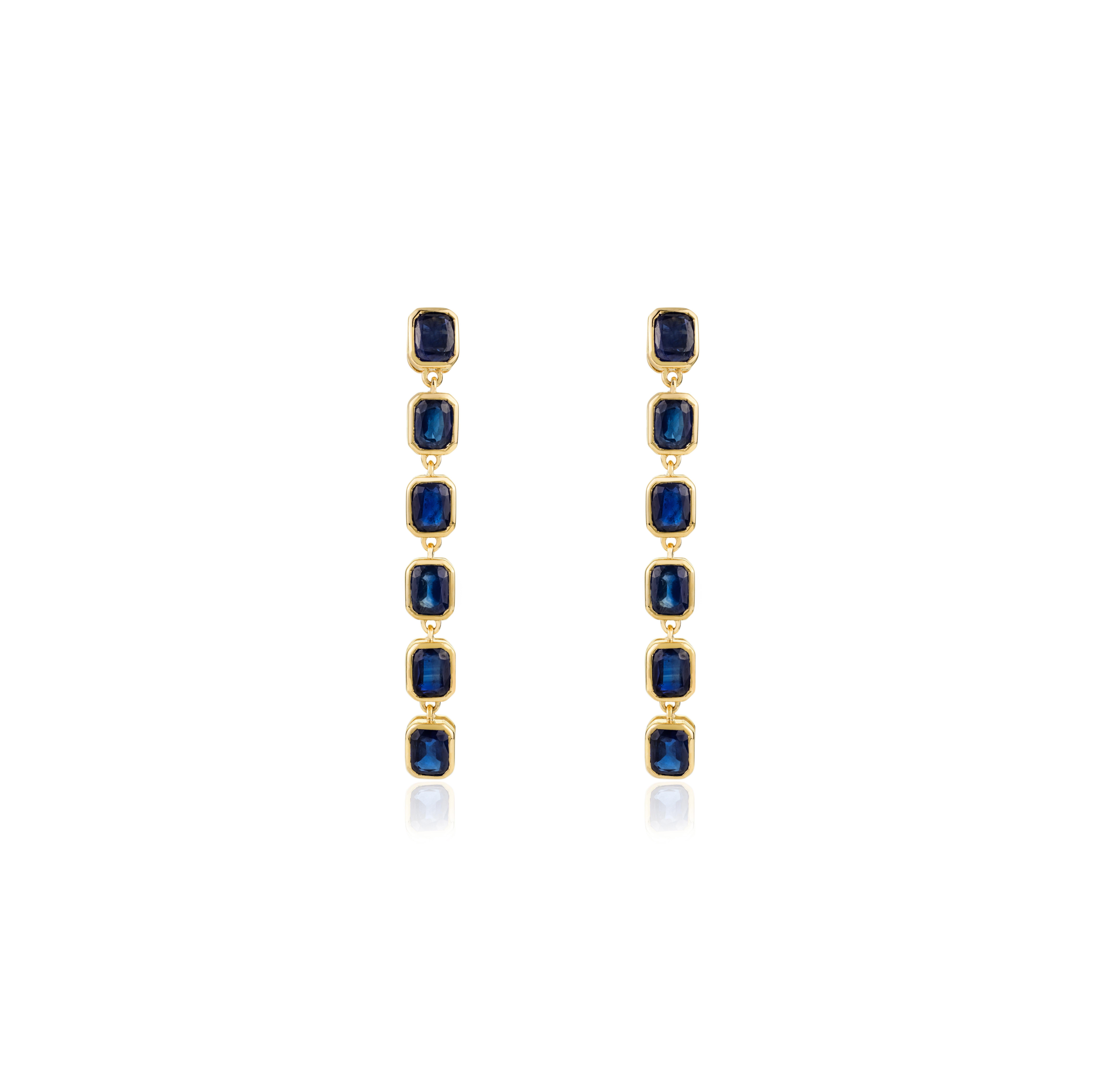 Natürliche zertifizierte 6,21ctw blauer Saphir lange Ohrringe baumeln in 14k Gelbgold im Angebot 1