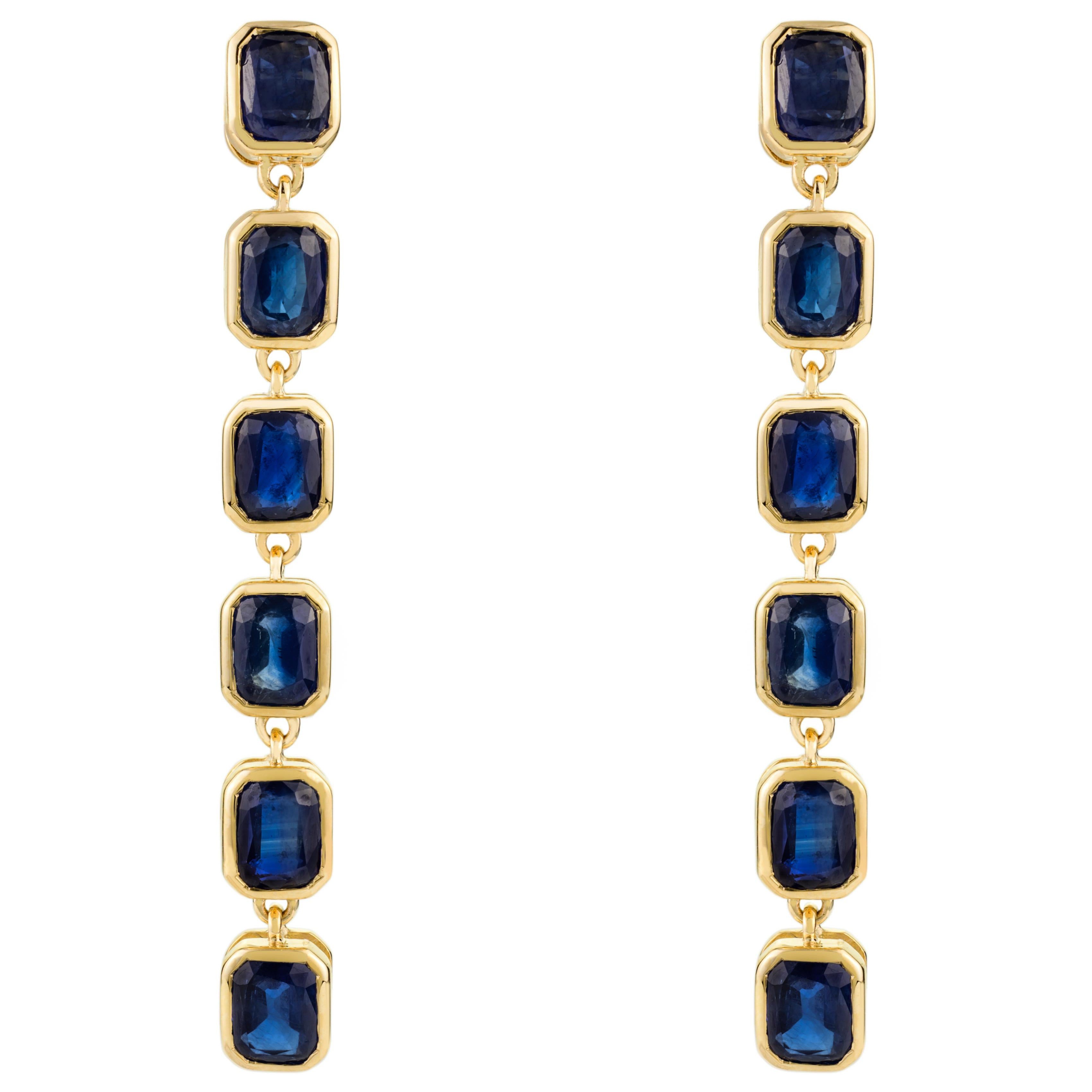 Natürliche zertifizierte 6,21ctw blauer Saphir lange Ohrringe baumeln in 14k Gelbgold im Angebot