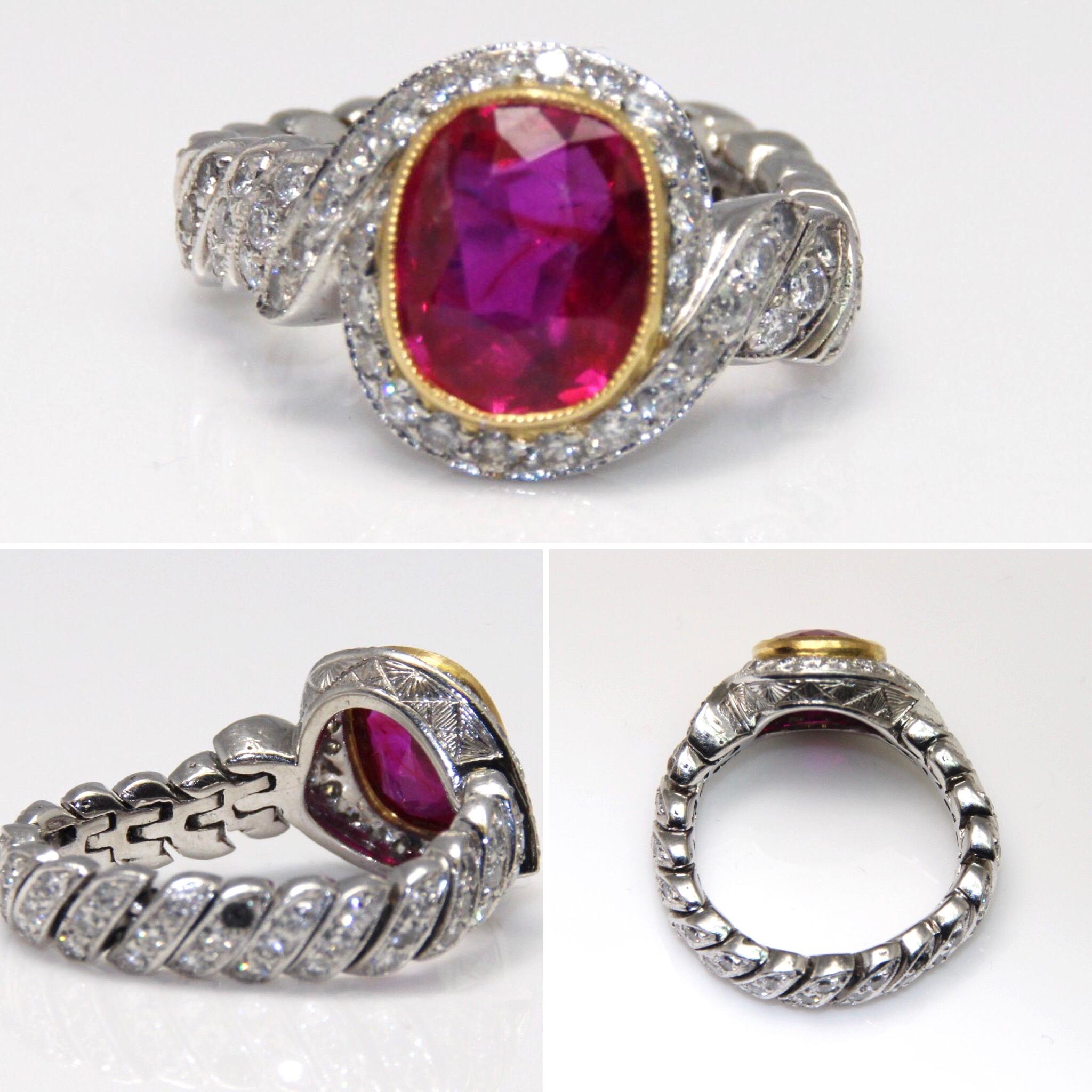 Cushion Cut Natural Certified Burma Ruby and Diamond Unusual Ring Weighing 2.76 Carat For Sale