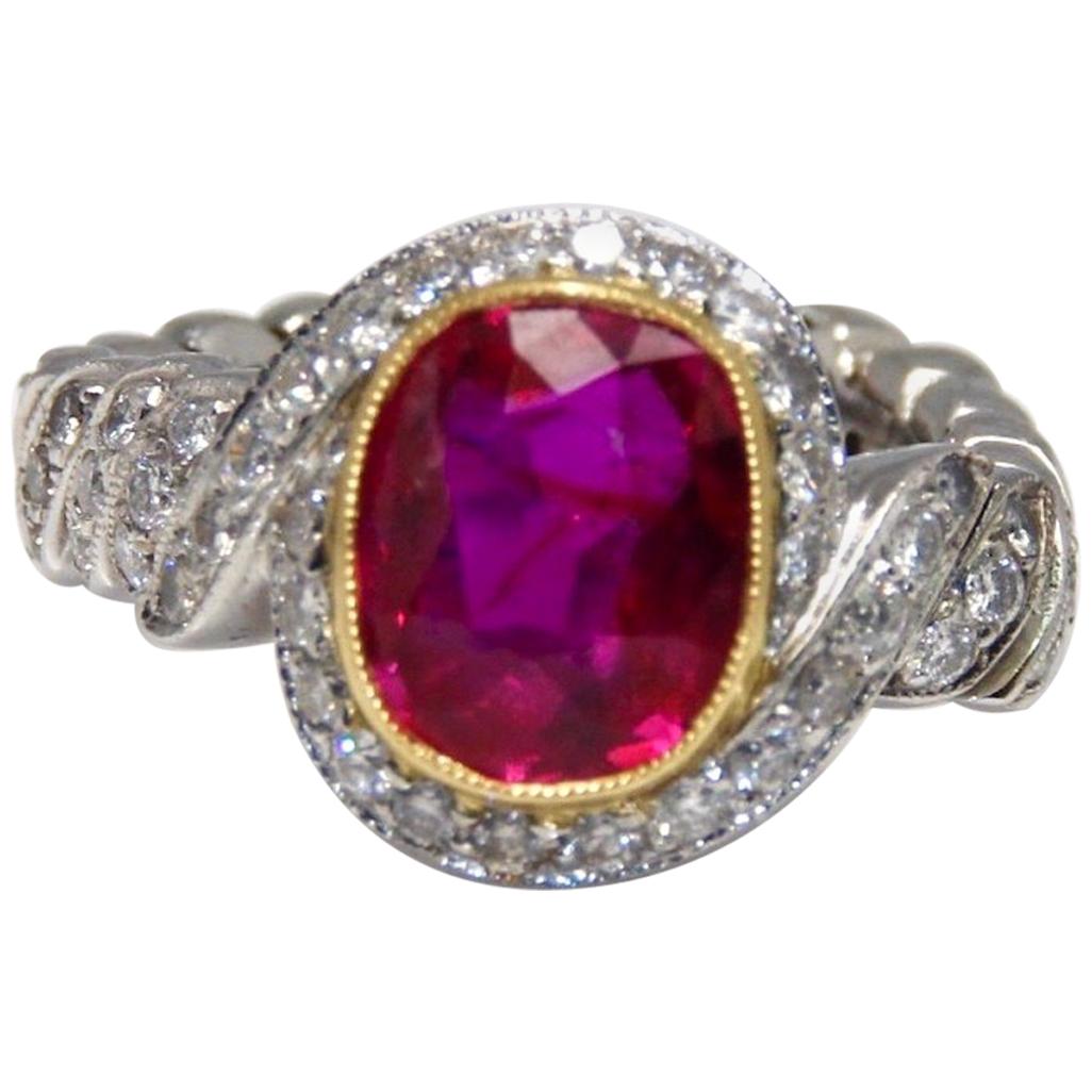 Natural Certified Burma Ruby and Diamond Unusual Ring Weighing 2.76 Carat For Sale