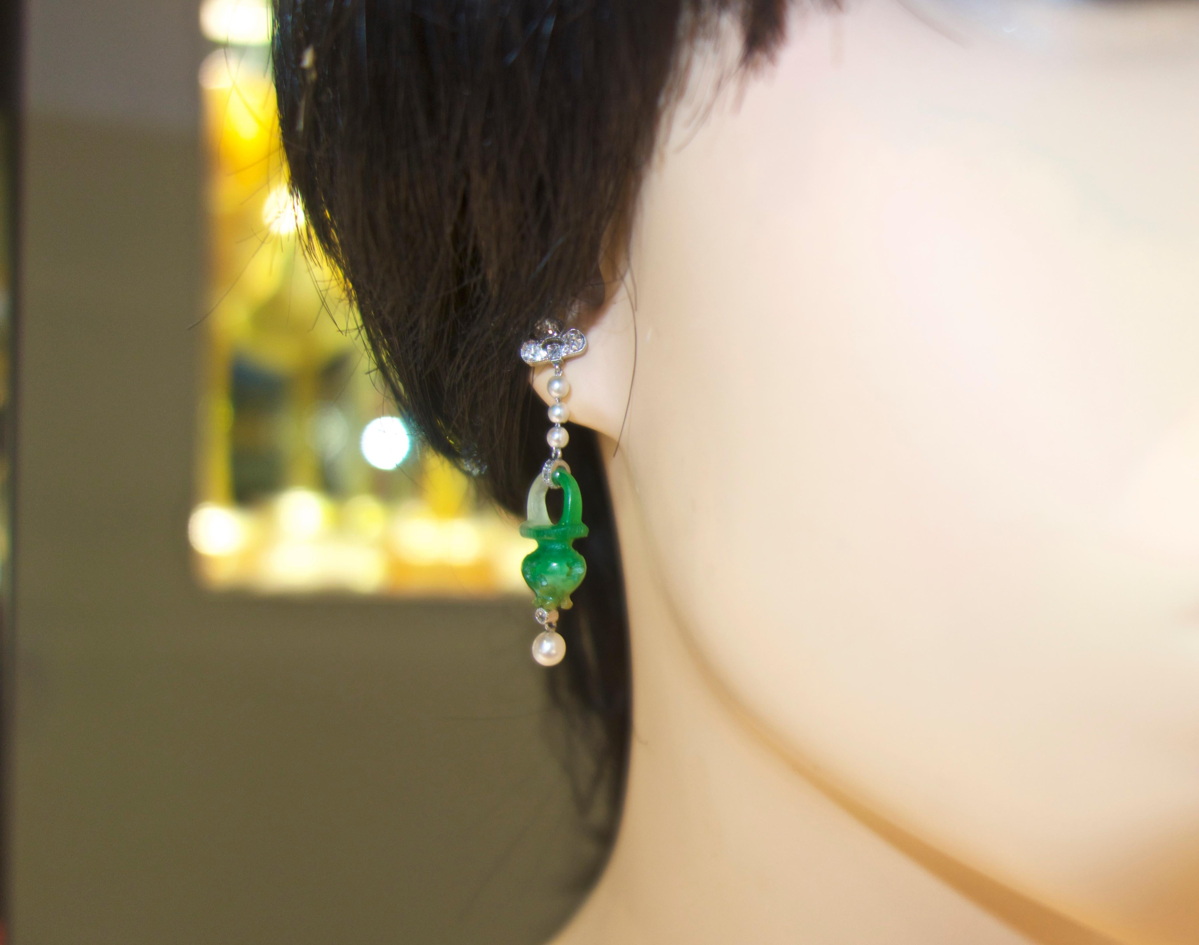 Natural Certified Jade, Natural Pearl, Diamond and Platinum Earrings, 1915 4