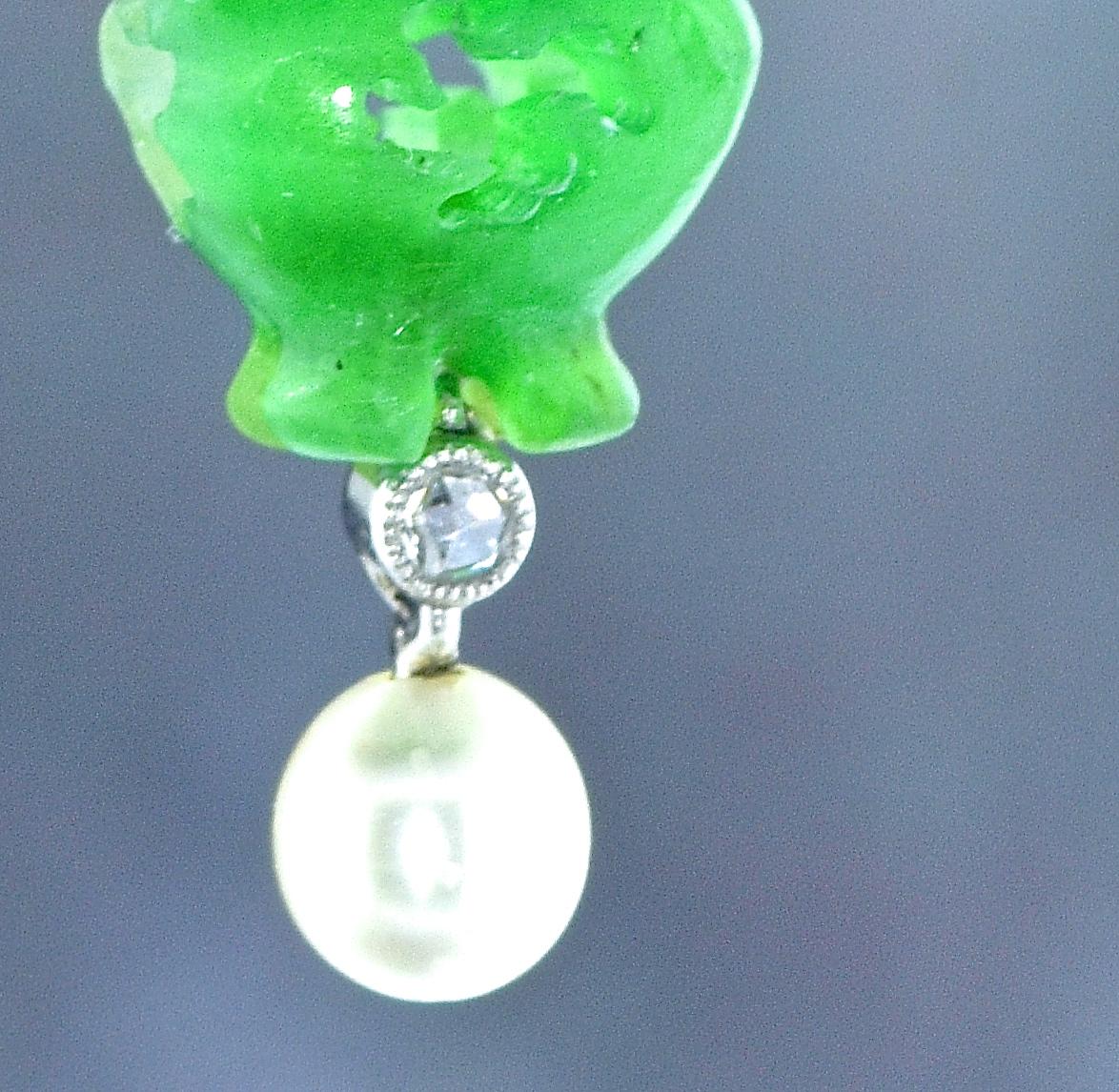 Natural Certified Jade, Natural Pearl, Diamond and Platinum Earrings, 1915 2