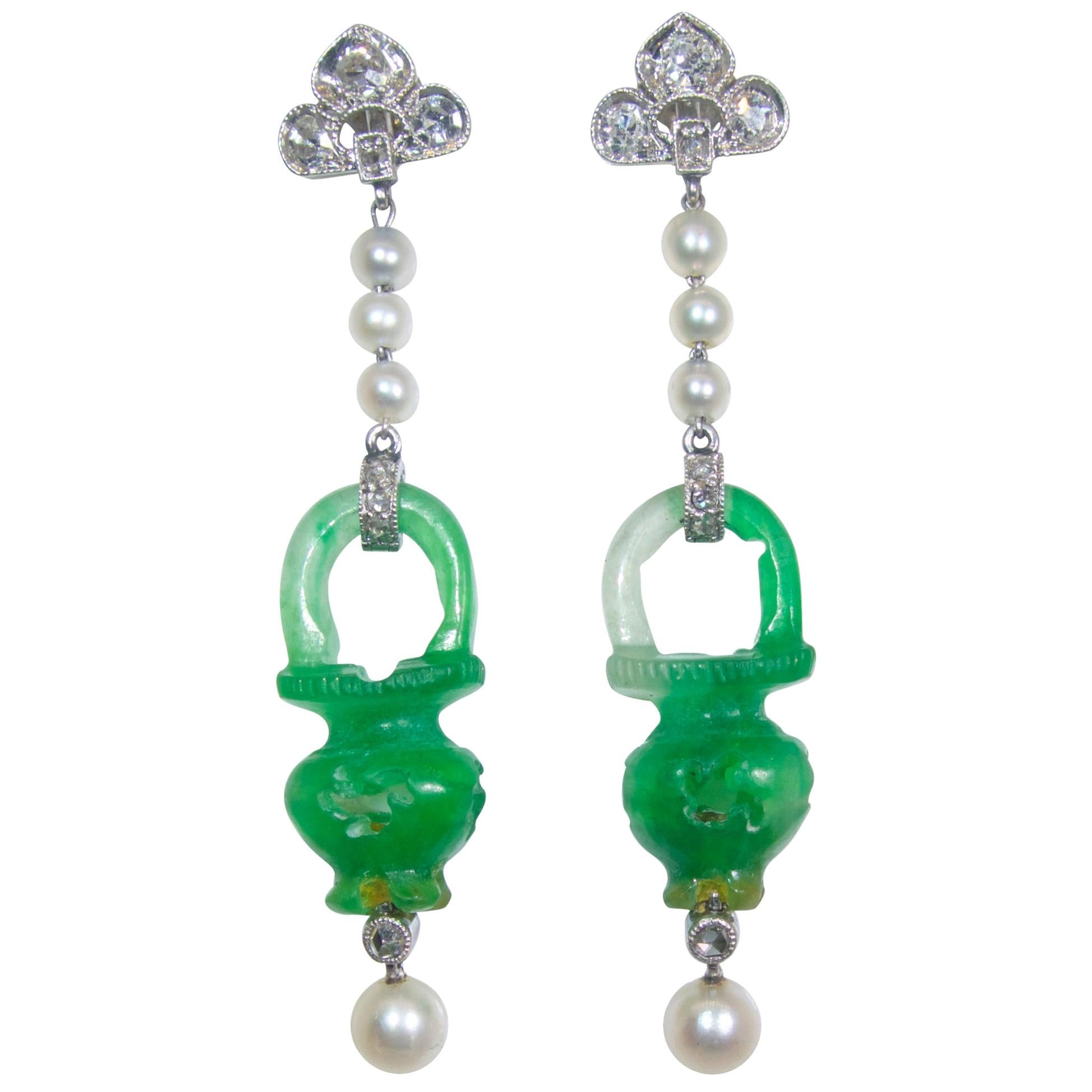 Natural Certified Jade, Natural Pearl, Diamond and Platinum Earrings, 1915