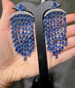 Sapphire Chandelier Diamond Earrings 57.76 Carat Platinum Natural Blue Ceylon