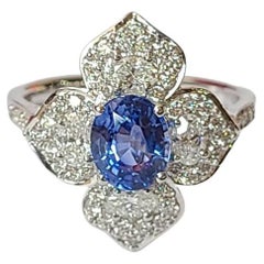 Natural, Ceylon Blue Sapphire & Diamonds Engagement Ring Set in 18K White Gold