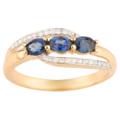 Natural Ceylon Blue Sapphire Ring With Diamonds 0.74 Carats 9K Yellow Gold