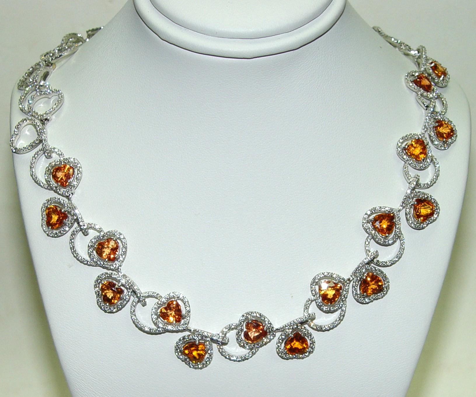 Modern Natural Ceylon Orange Sapphire Diamond Necklace 18K C. Dunaigre  For Sale