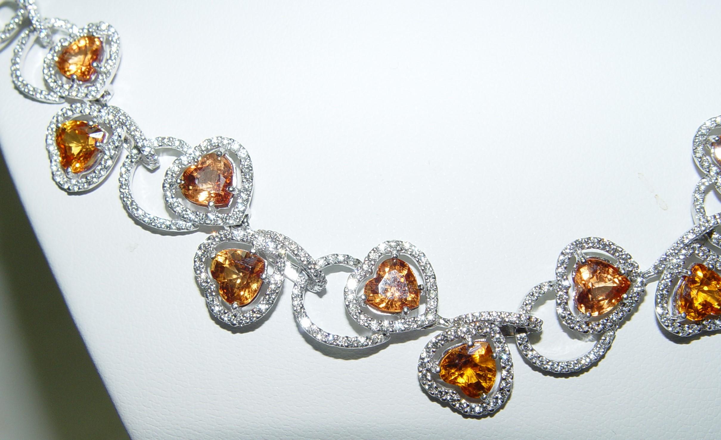 Heart Cut Natural Ceylon Orange Sapphire Diamond Necklace 18K C. Dunaigre  For Sale