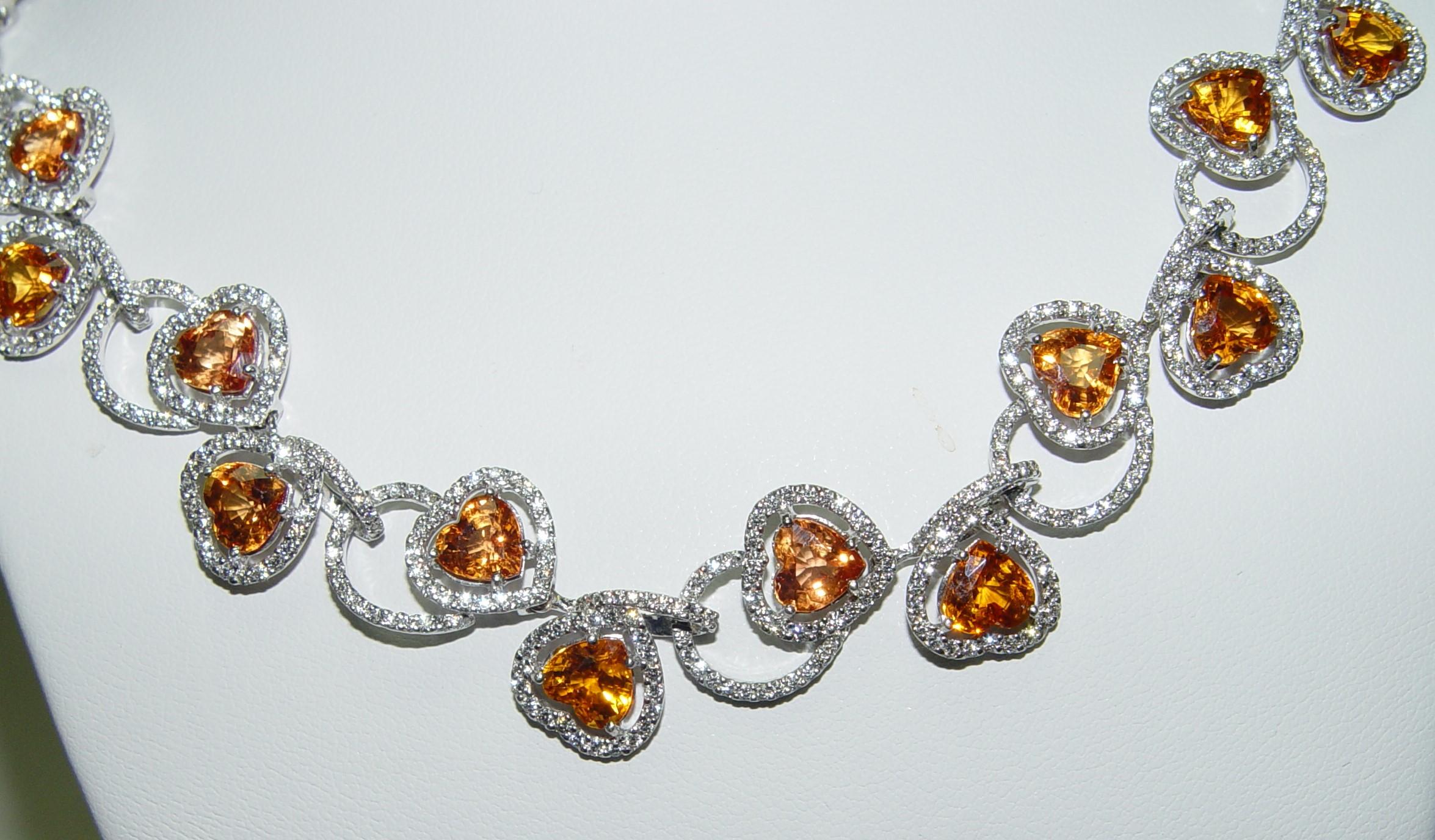 Natural Ceylon Orange Sapphire Diamond Necklace 18K C. Dunaigre  In New Condition For Sale In Chicago, IL