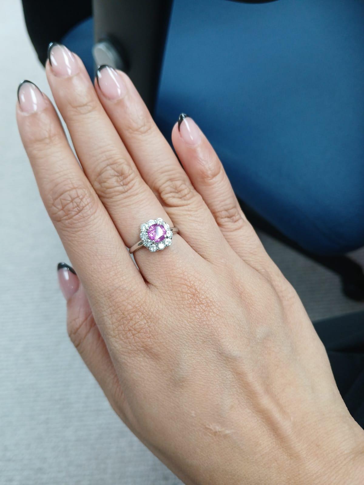 Natural Ceylon Pink Sapphire & Diamonds Engagement Ring Set in Platinum 900 For Sale 4