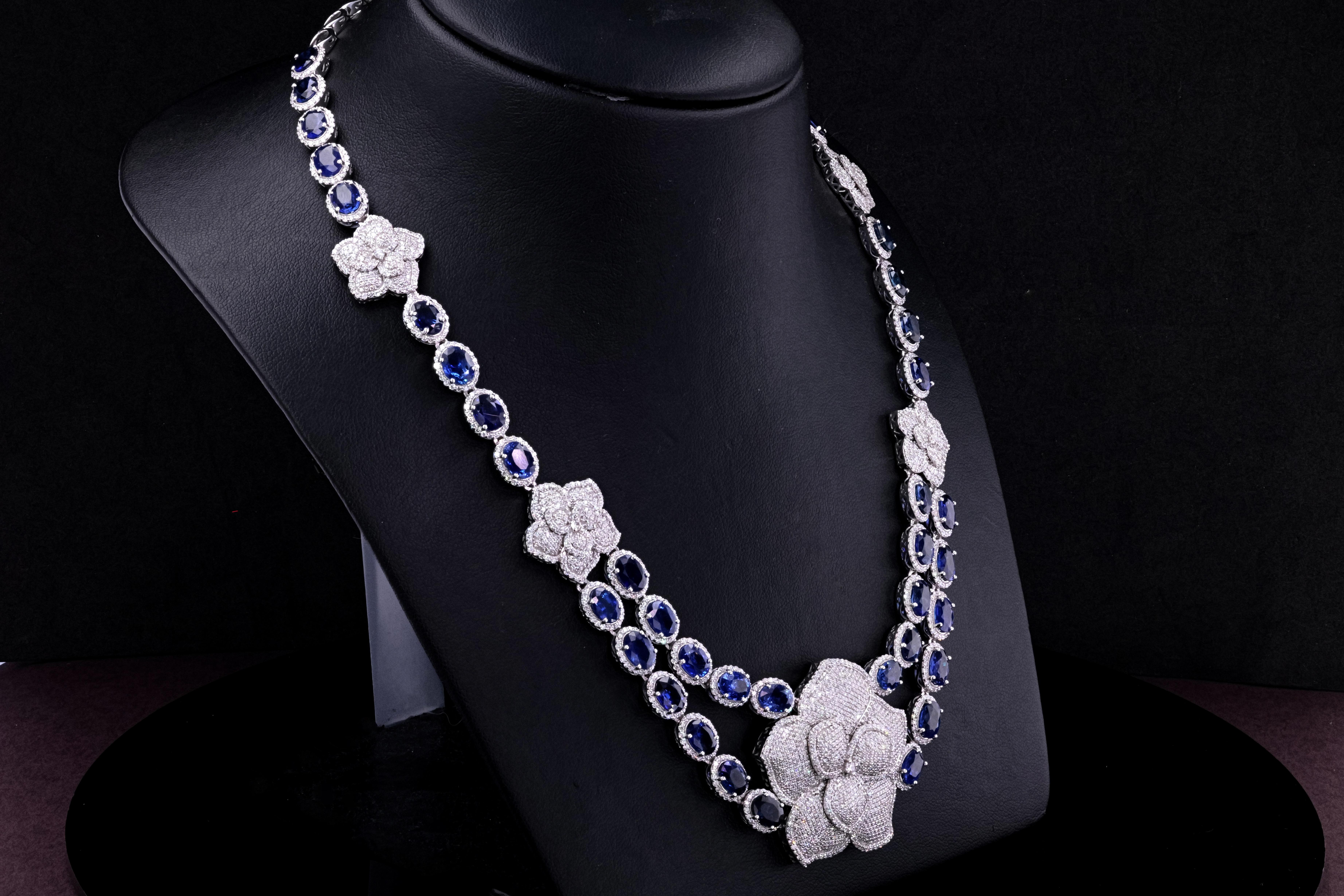 Natural Ceylon Sapphire and Diamond Floral Necklace in 14K White Gold  1stDibs Exclusive

A breathtaking celebration of floral elegance and exceptional gemstone artistry, this estate necklace showcases a remarkable array of natural Ceylon sapphires