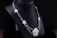 Natural Ceylon Sapphire and Diamond Floral Necklace in 14K White Gold