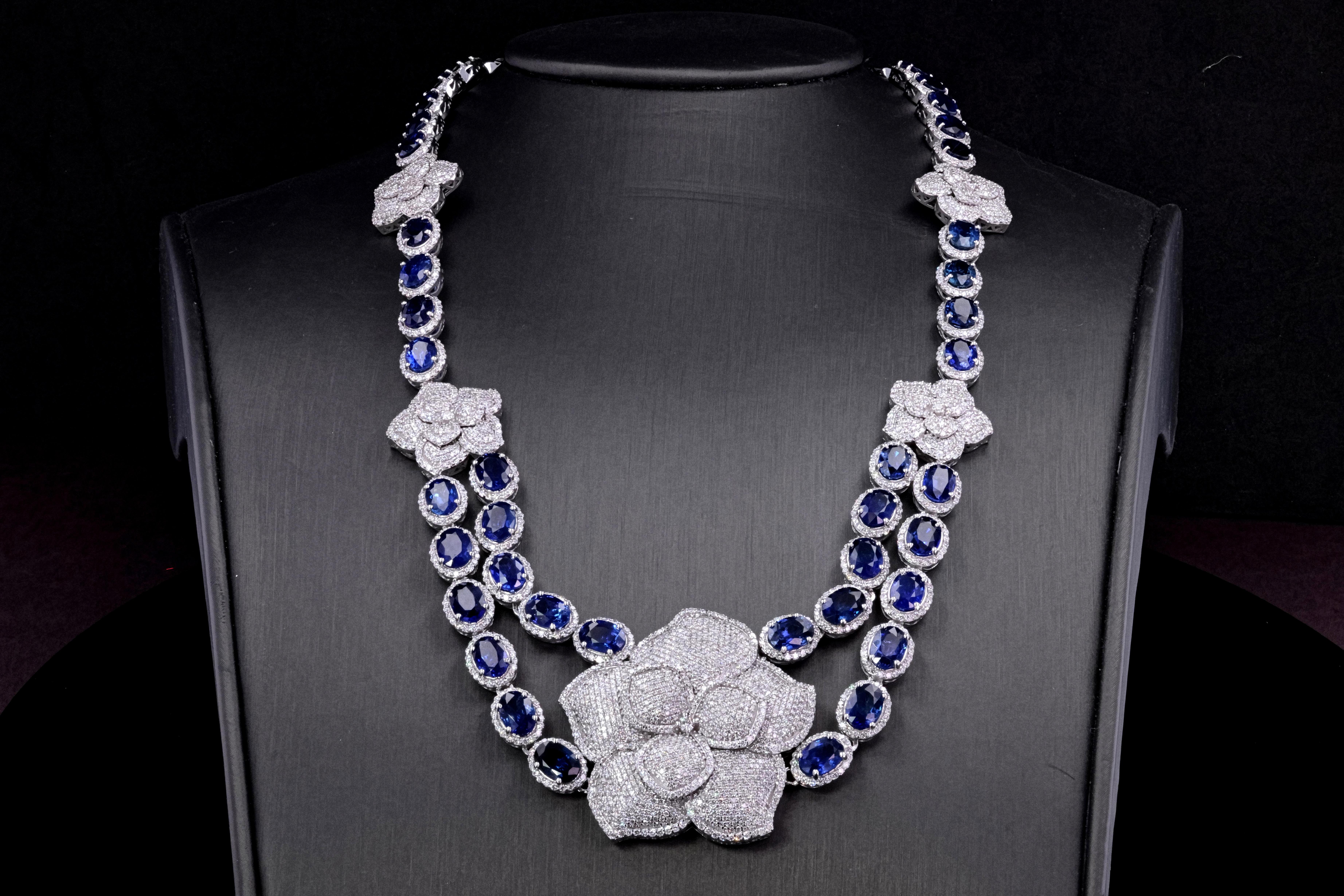 Mixed Cut Natural Ceylon Sapphire and Diamond Floral Necklace in 14K White Gold For Sale