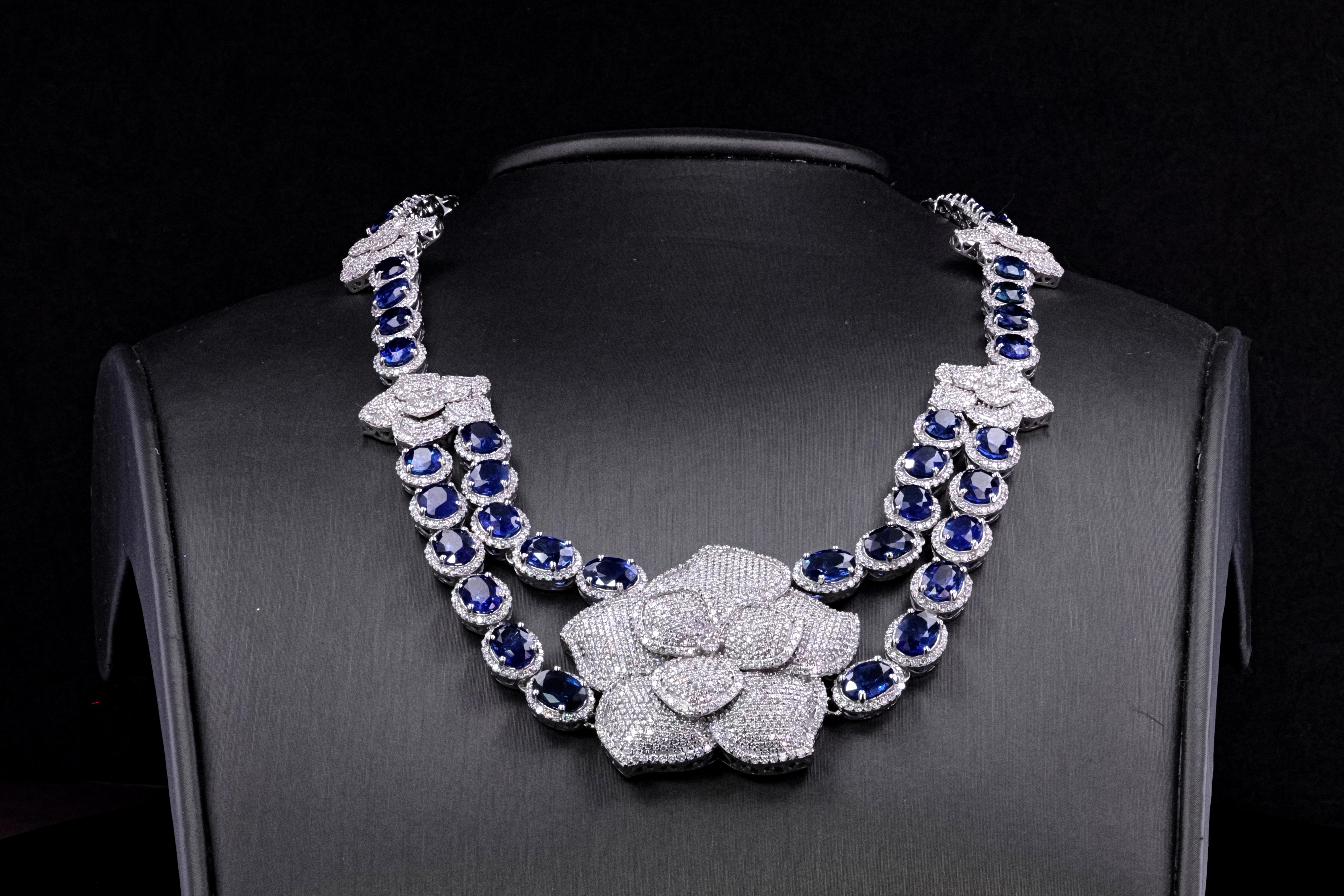 Women's Natural Ceylon Sapphire and Diamond Floral Necklace in 14K White Gold For Sale