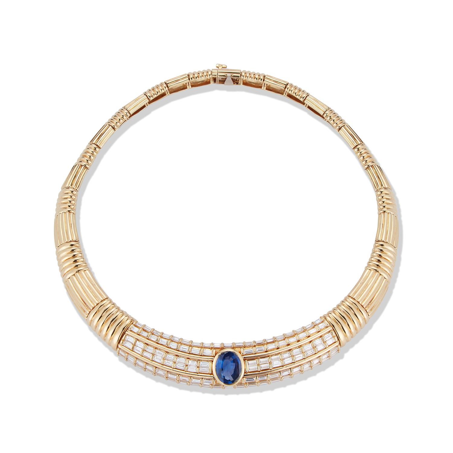 Natural Ceylon Sapphire & Diamond Gold Necklace 
Sapphire set along side four rows of Beautiful Baguettes 
AGL Certified 
Approx Sapphire Weight: 8.00 Cts
Approx Diamond Weight: 10.60 Cts
Approx Measurements: 15.5 inches in diameter
18K Yellow Gold
