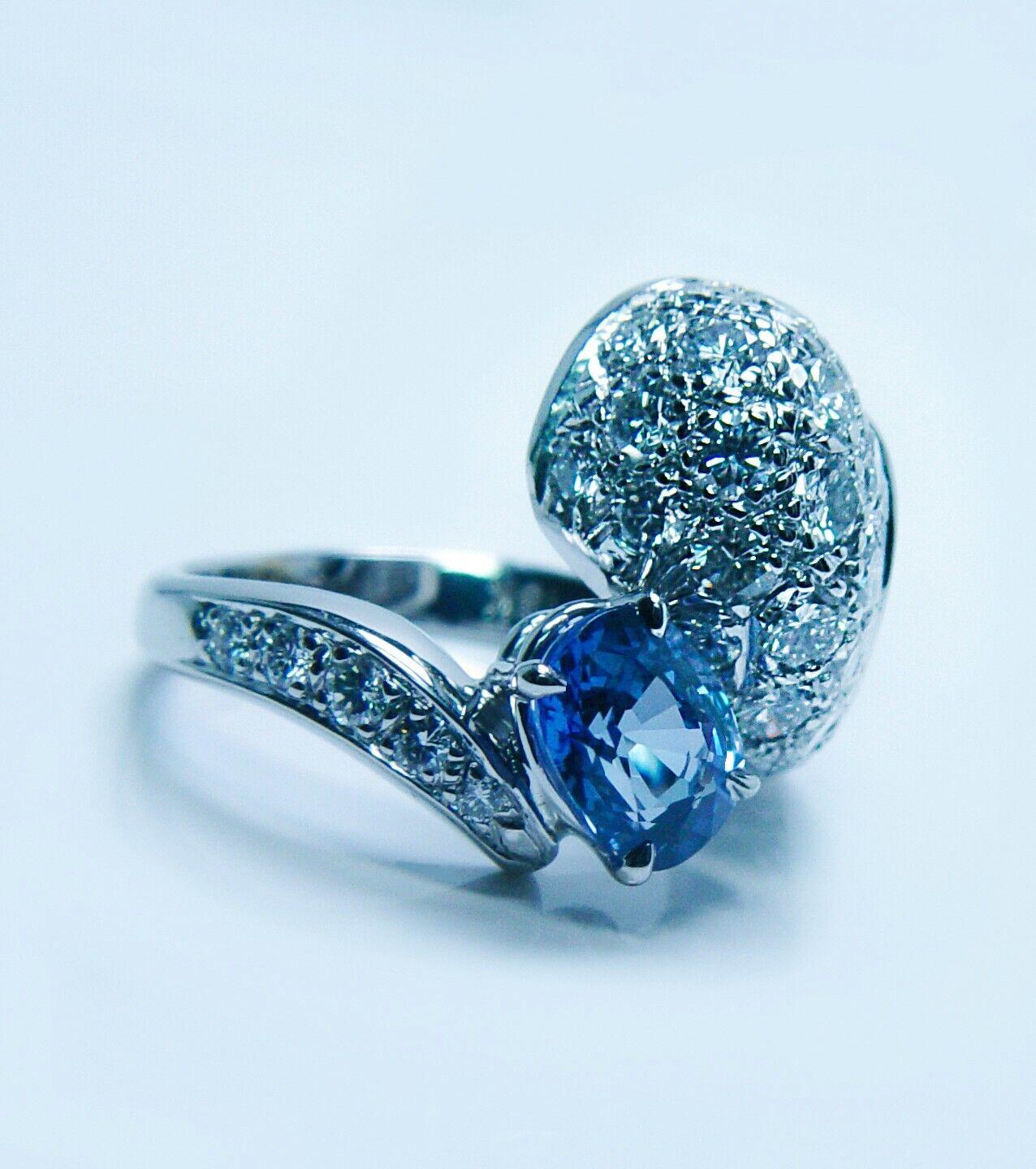 Women's Natural Ceylon Sapphire Diamond Ring 18K White Gold 3.5ct Toi et Moi Vintage For Sale