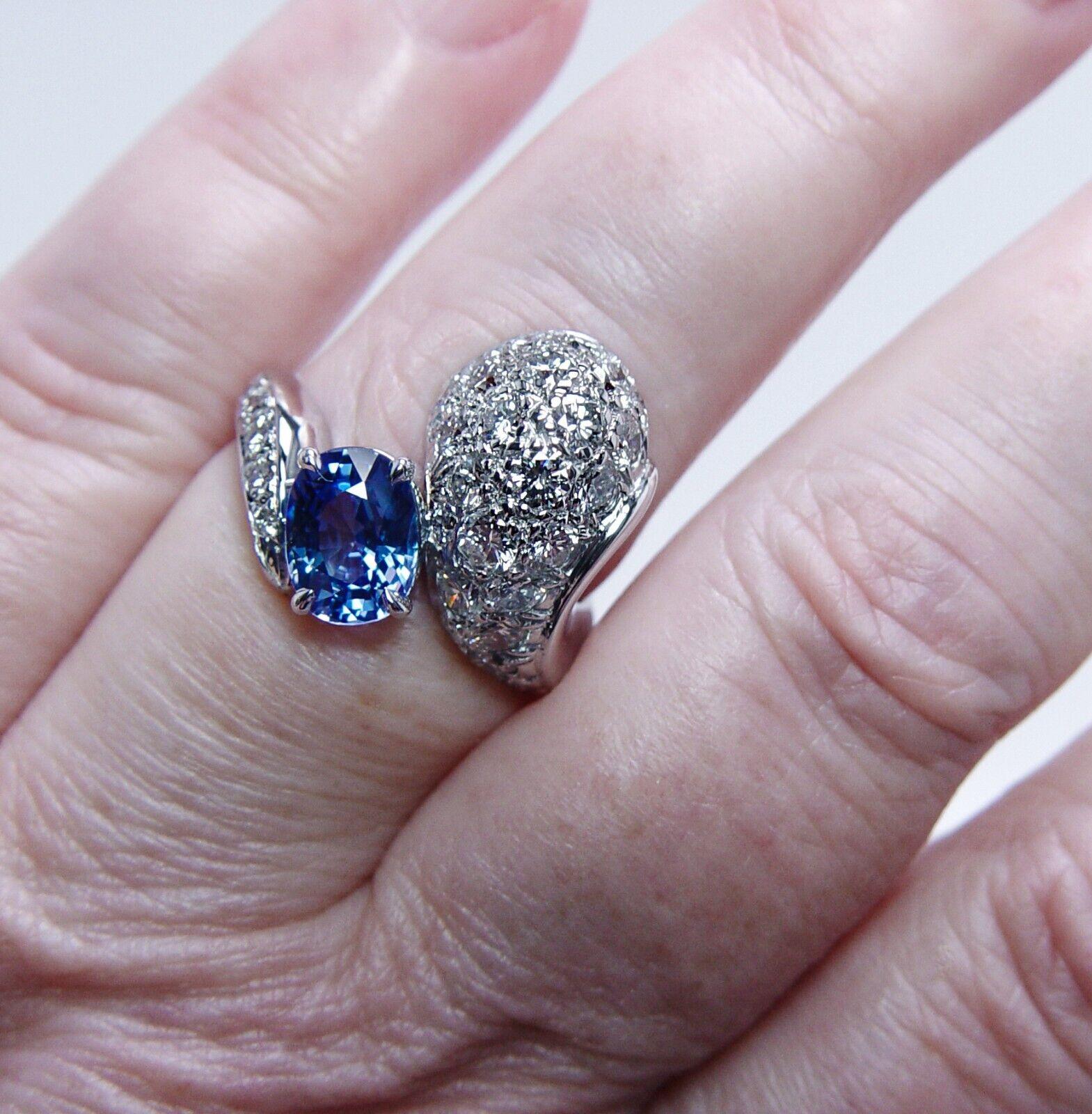 Natural Ceylon Sapphire Diamond Ring 18K White Gold 3.5ct Toi et Moi Vintage For Sale 1