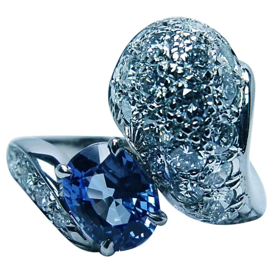 Natural Ceylon Sapphire Diamond Ring 18K White Gold 3.5ct Toi et Moi Vintage For Sale 2