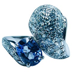 Natural Ceylon Sapphire Diamond Ring 18K White Gold 3.5ct Toi et Moi Vintage