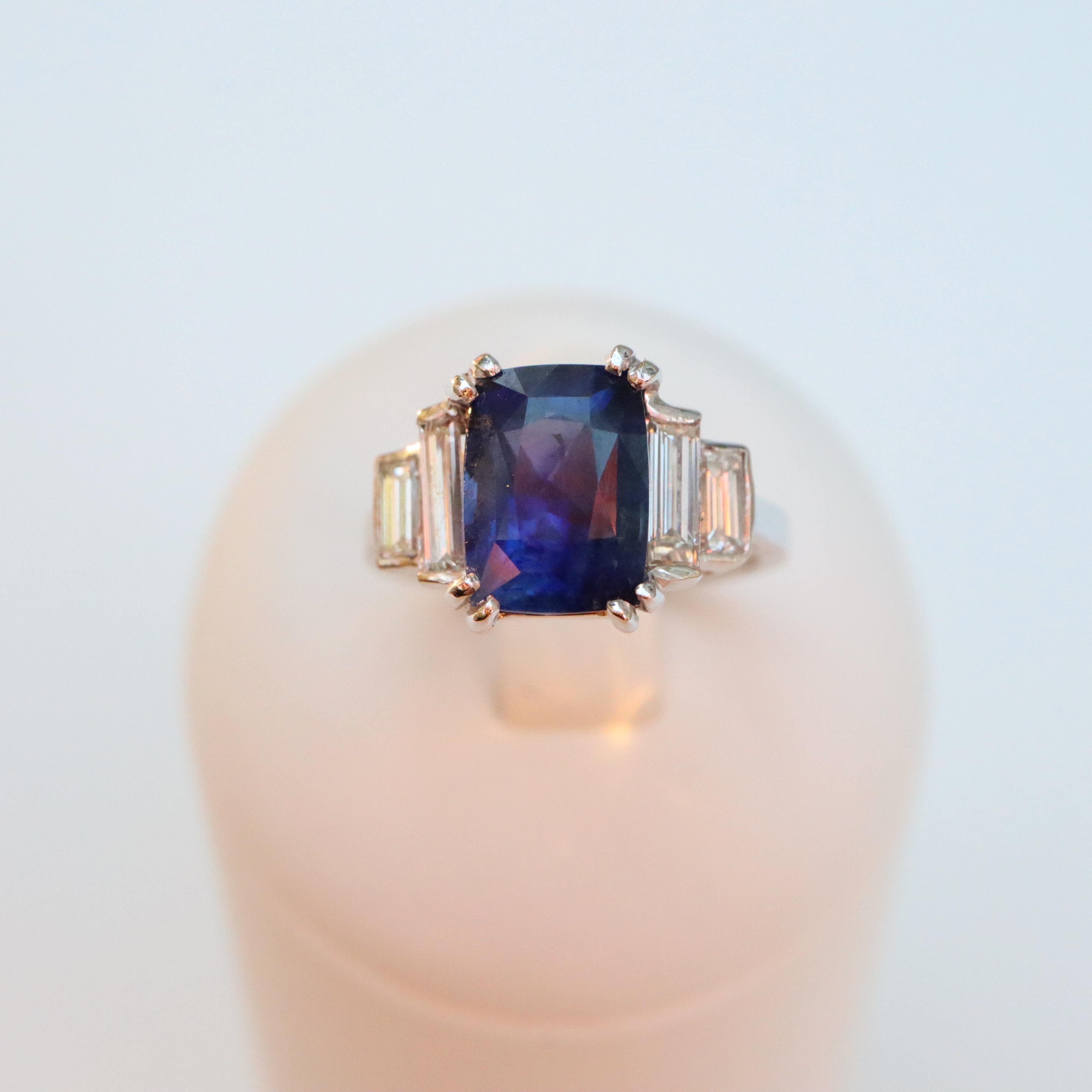 Cushion Cut Natural Ceylon Sapphire Ring 4.59 Carat 18 Carat White Gold with Diamonds For Sale