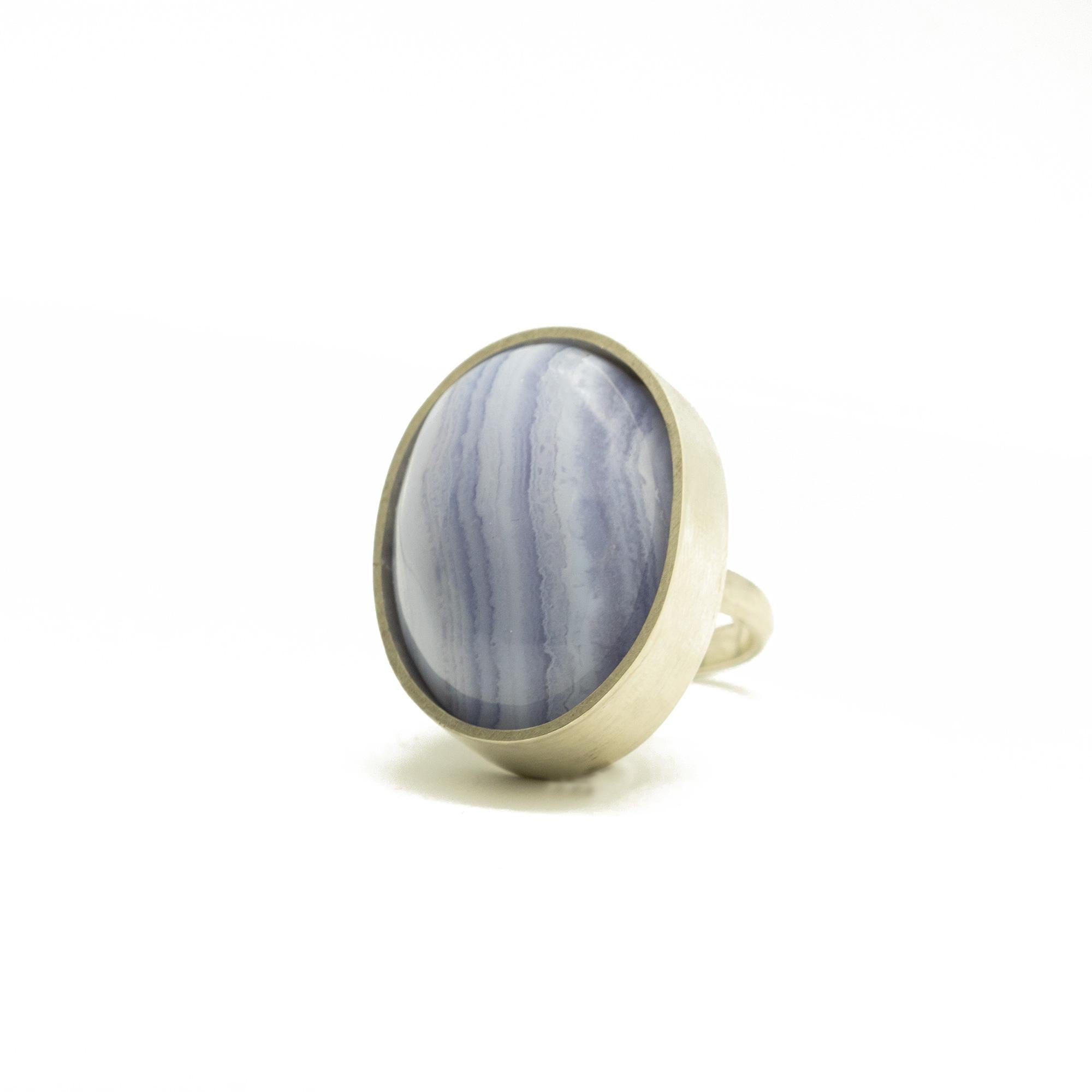 Oval Cut Natural Chalcedony 925 Sterling Silver Bezel Oval Cocktail Intini Jewels Ring For Sale