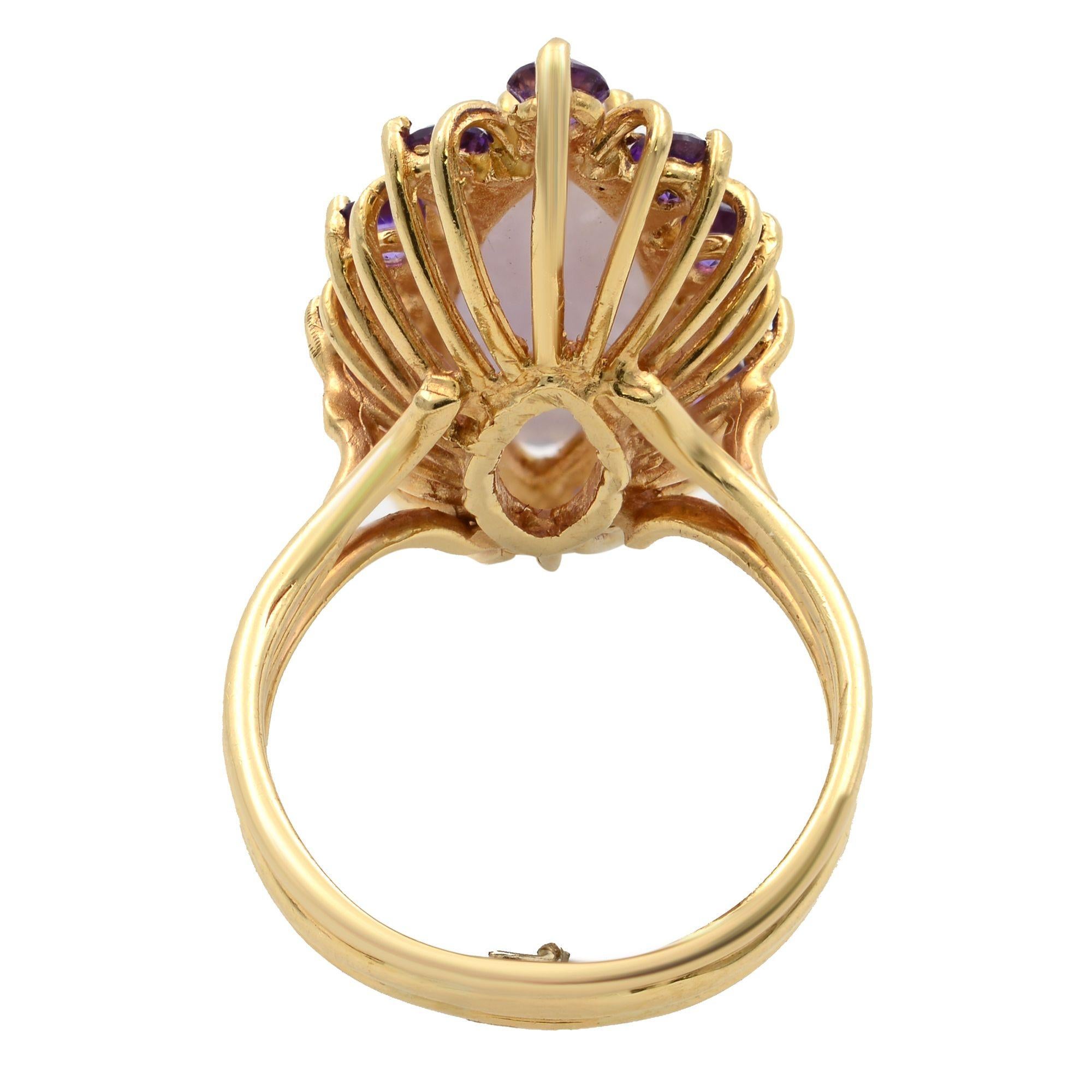 Marquise Cut Natural Chalcedony Stone with Amethyst Cocktail Ring 18K Yellow Gold For Sale