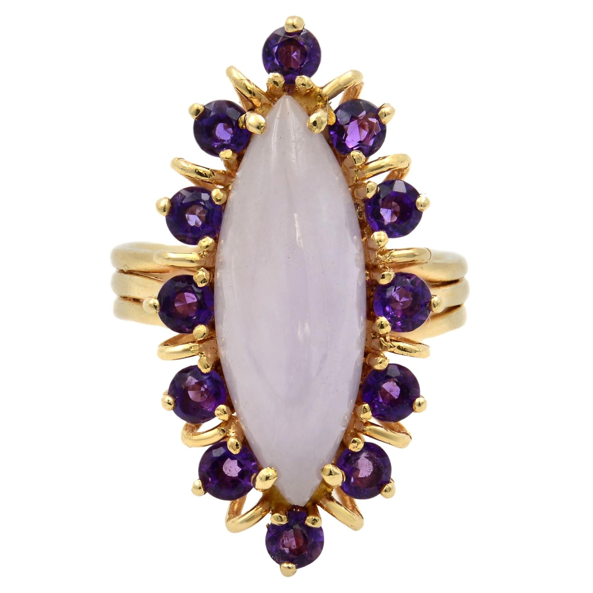 Natural Chalcedony Stone with Amethyst Cocktail Ring 18K Yellow Gold