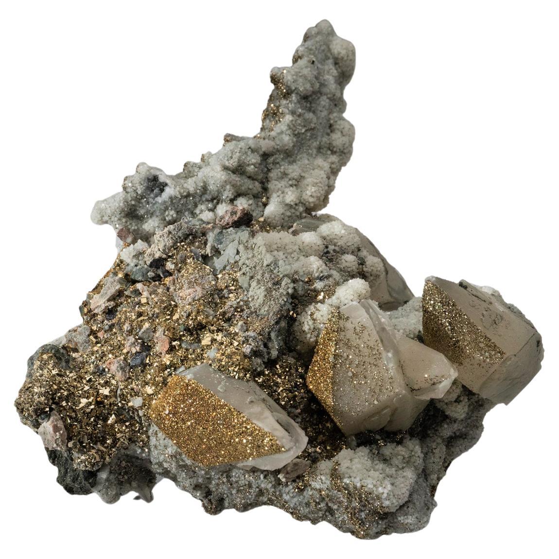 Natural Chalcopyrite, Sphalerite, Pyrite and Calcite from Huaron, Peru For Sale