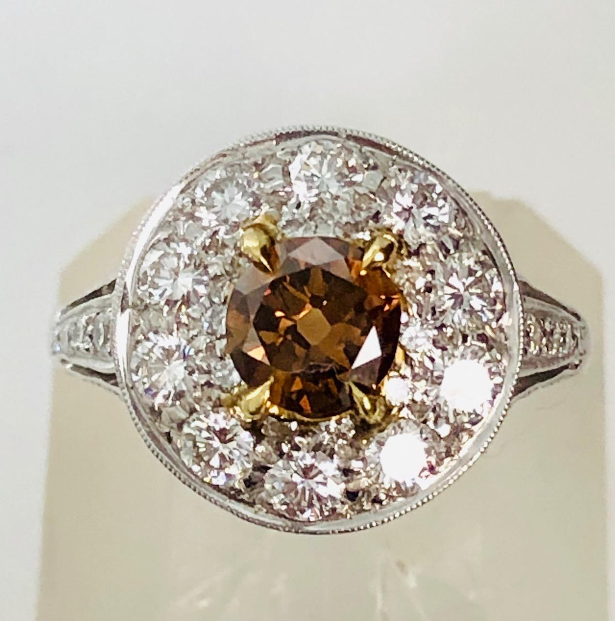 Art Deco Natural Champagne Color Diamond 1.02 Carat, Platinum Ring For Sale