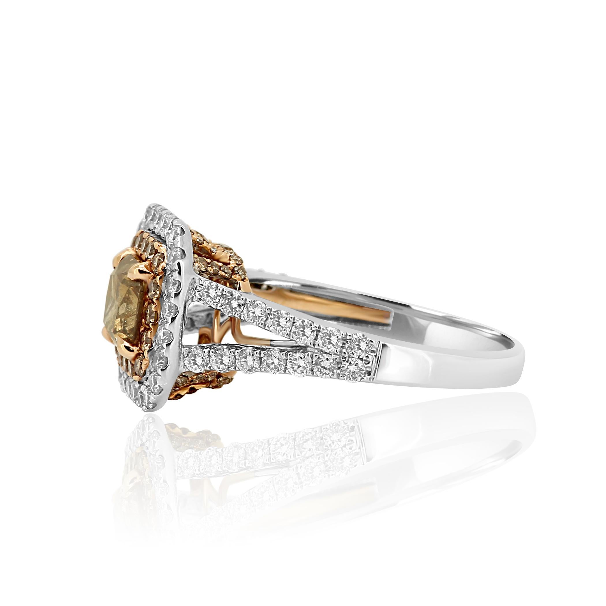 Radiant Cut Natural Champagne Radiant Diamond Double Halo Two-Color Gold Bridal Fashion Ring