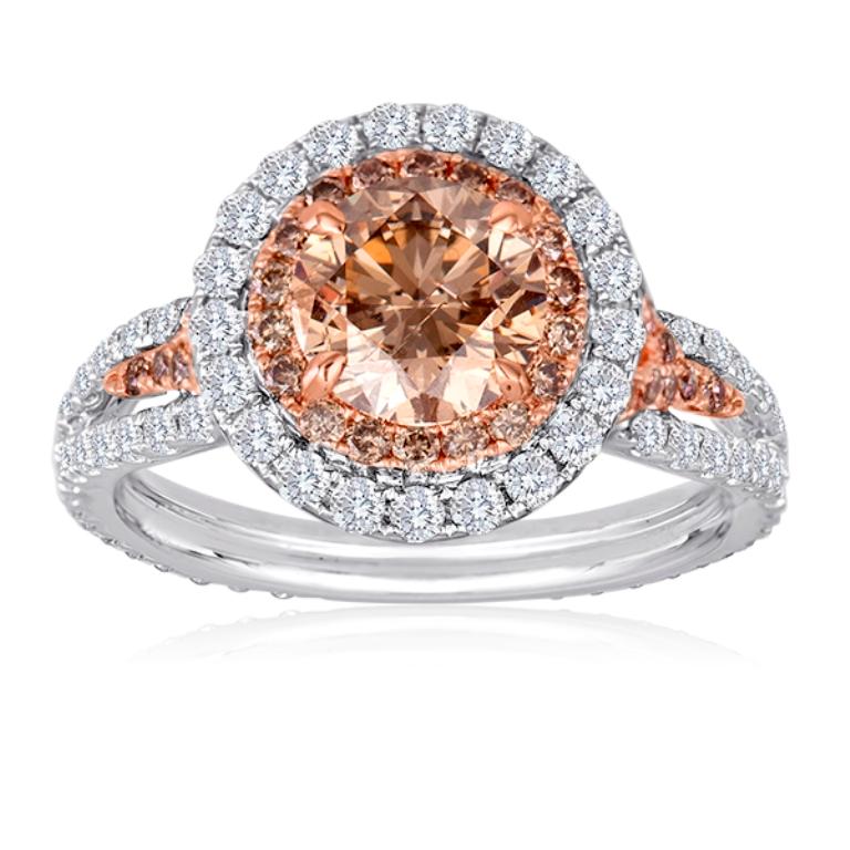Round Cut Natural Champagne Diamond Double Halo Two-Color Gold Bridal Fashion Ring
