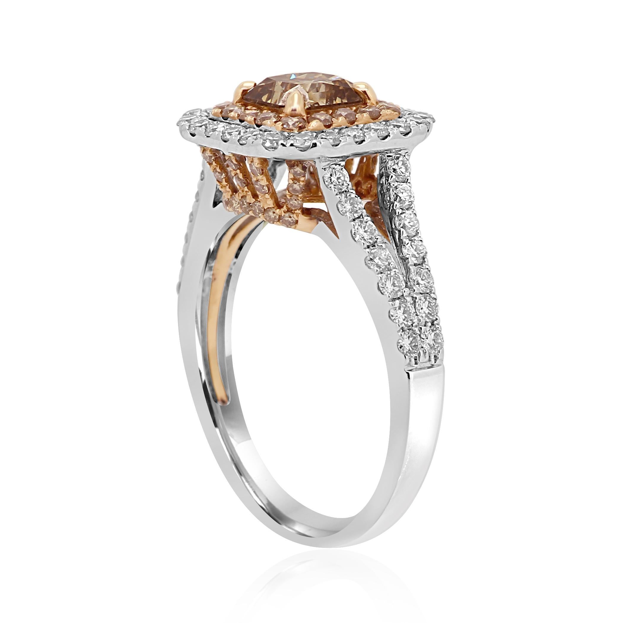 Natural Champagne Radiant Diamond Double Halo Two-Color Gold Bridal Fashion Ring In New Condition In NEW YORK, NY