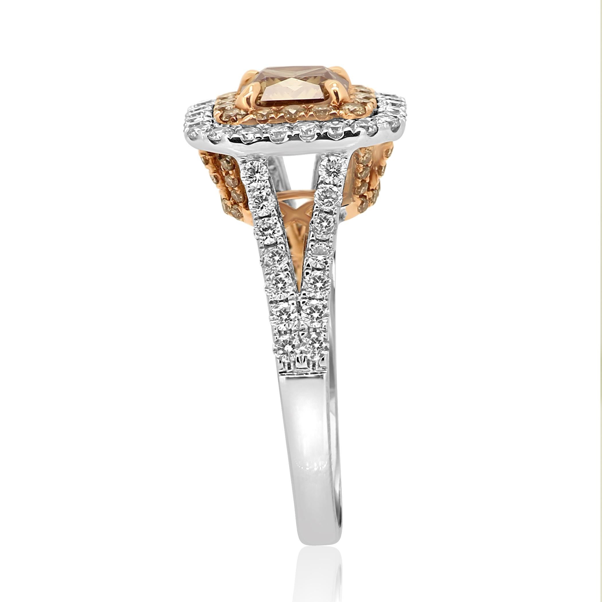 Women's or Men's Natural Champagne Radiant Diamond Double Halo Two-Color Gold Bridal Fashion Ring