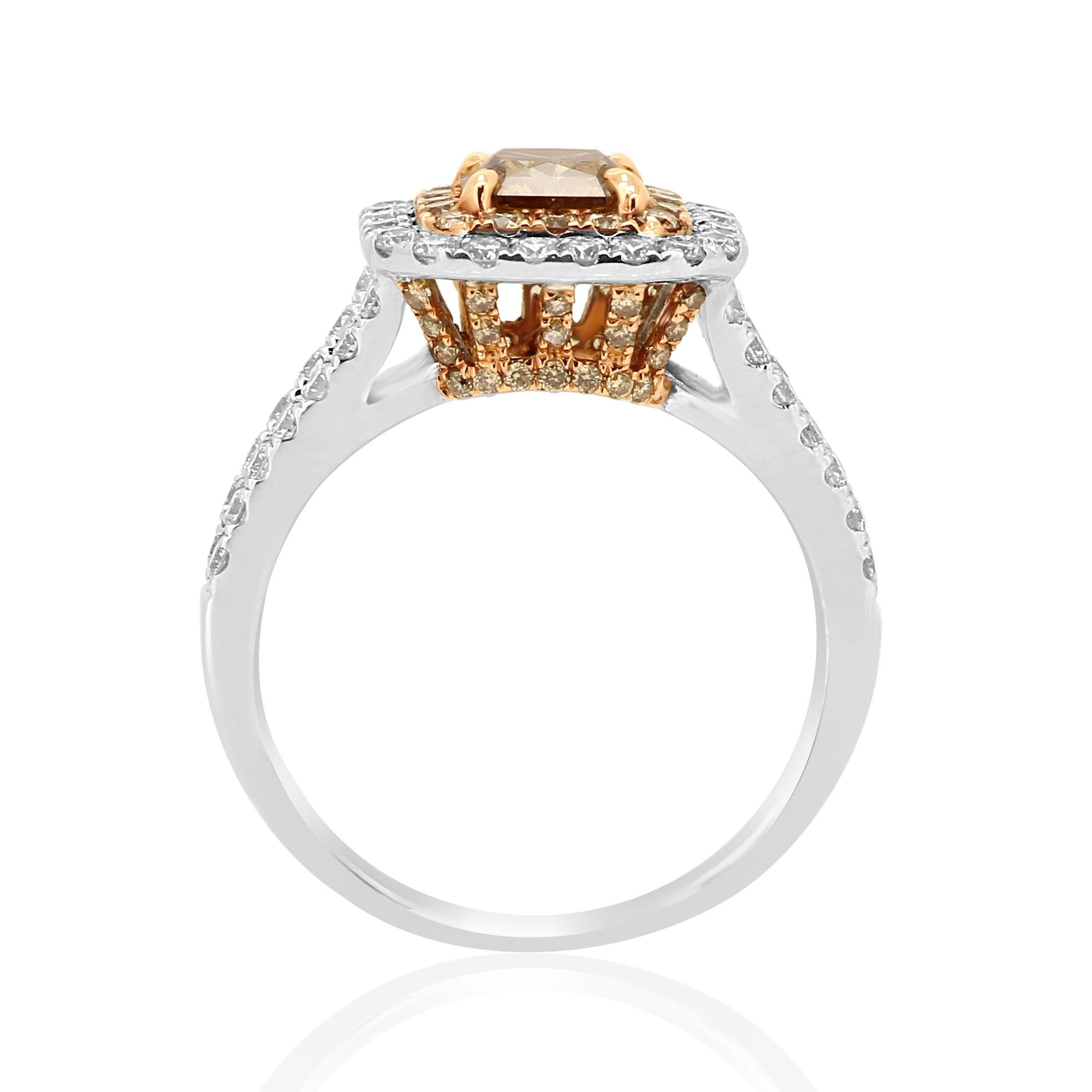 Natural Champagne Radiant Diamond Double Halo Two-Color Gold Bridal Fashion Ring 1