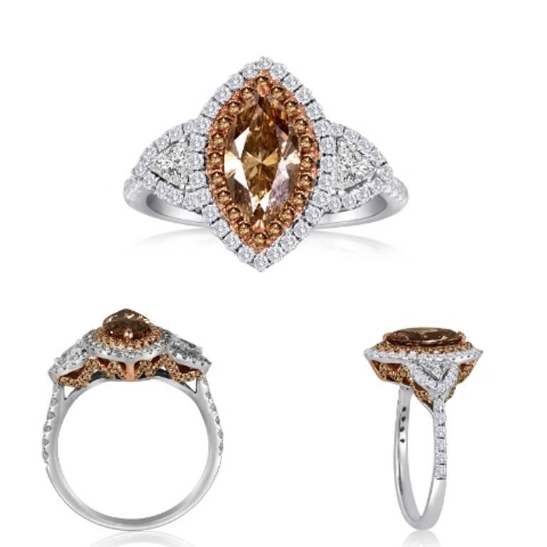 Contemporary Natural Champagne Diamond Double Halo Two-Color Gold Bridal Fashion Ring