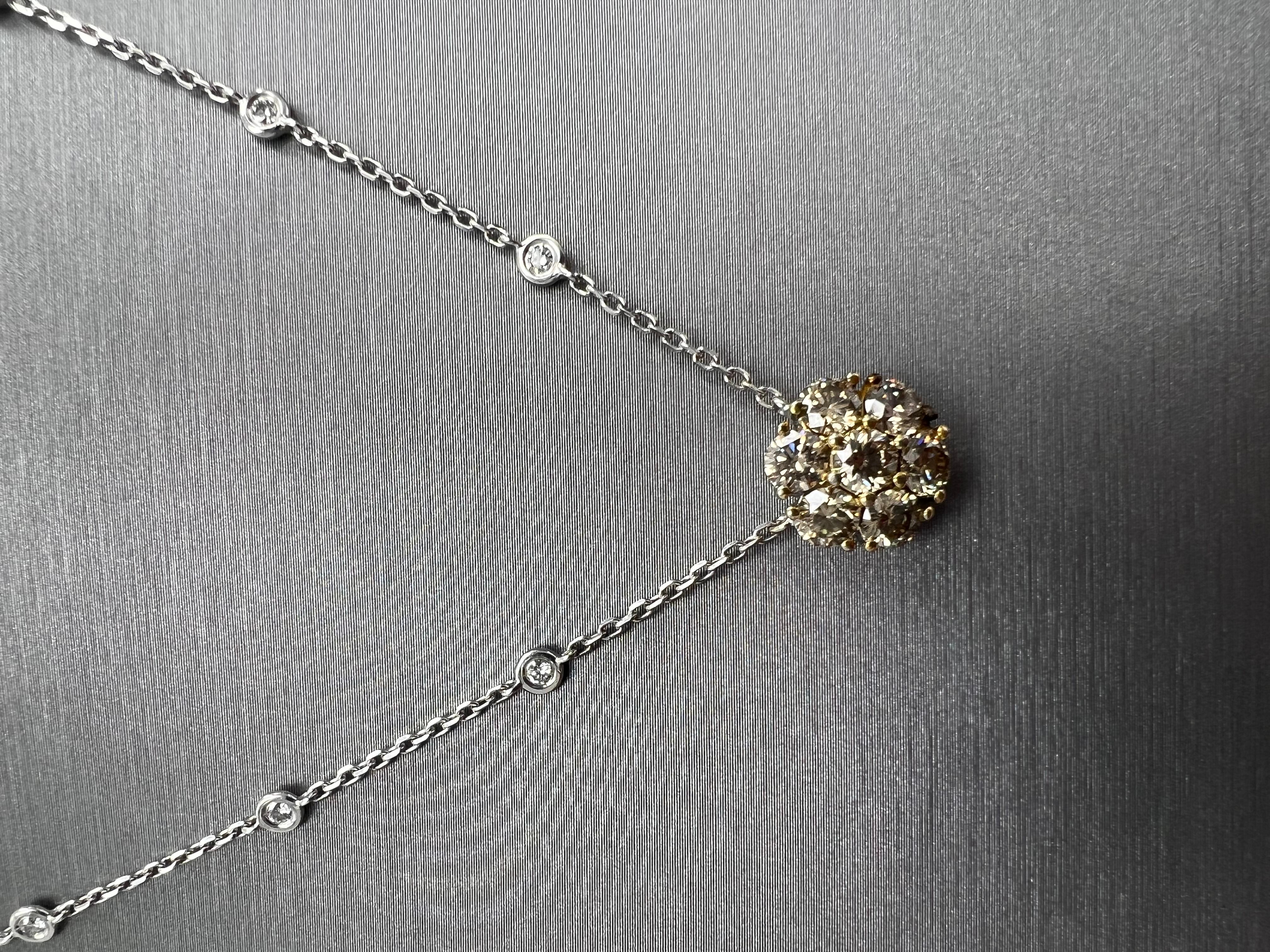 Natural Champagne Diamond Pendant with Diamond by the yard Chain in 14K Gold  In New Condition For Sale In Great Neck, NY