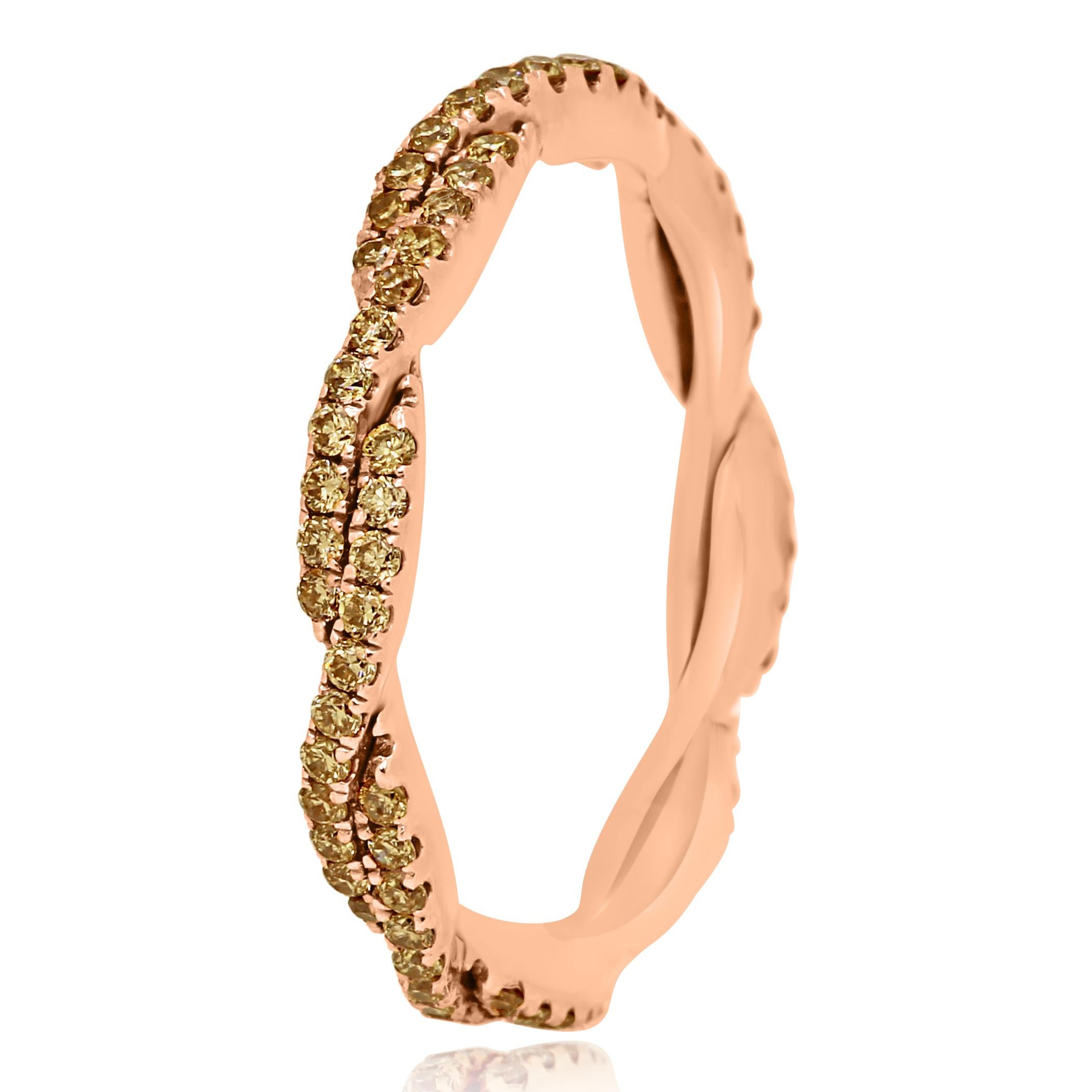 Contemporary Natural Champagne Diamond Rose Gold Twist Rope Stackable Cocktail Band Ring