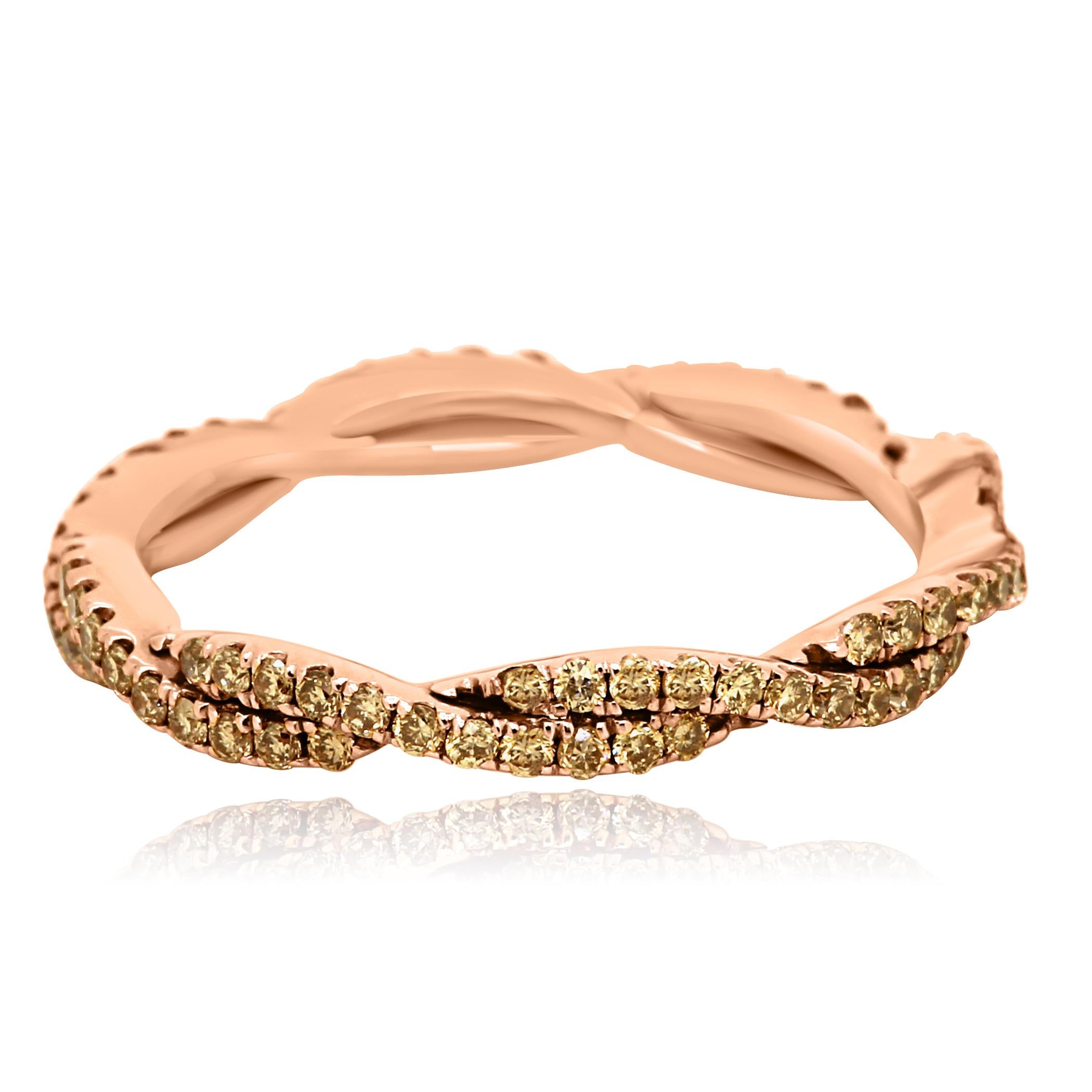Round Cut Natural Champagne Diamond Rose Gold Twist Rope Stackable Cocktail Band Ring