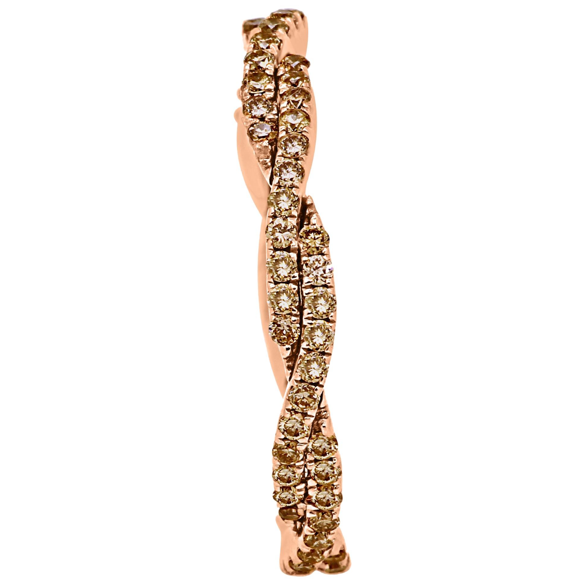 Natural Champagne Diamond Rose Gold Twist Rope Stackable Cocktail Band Ring