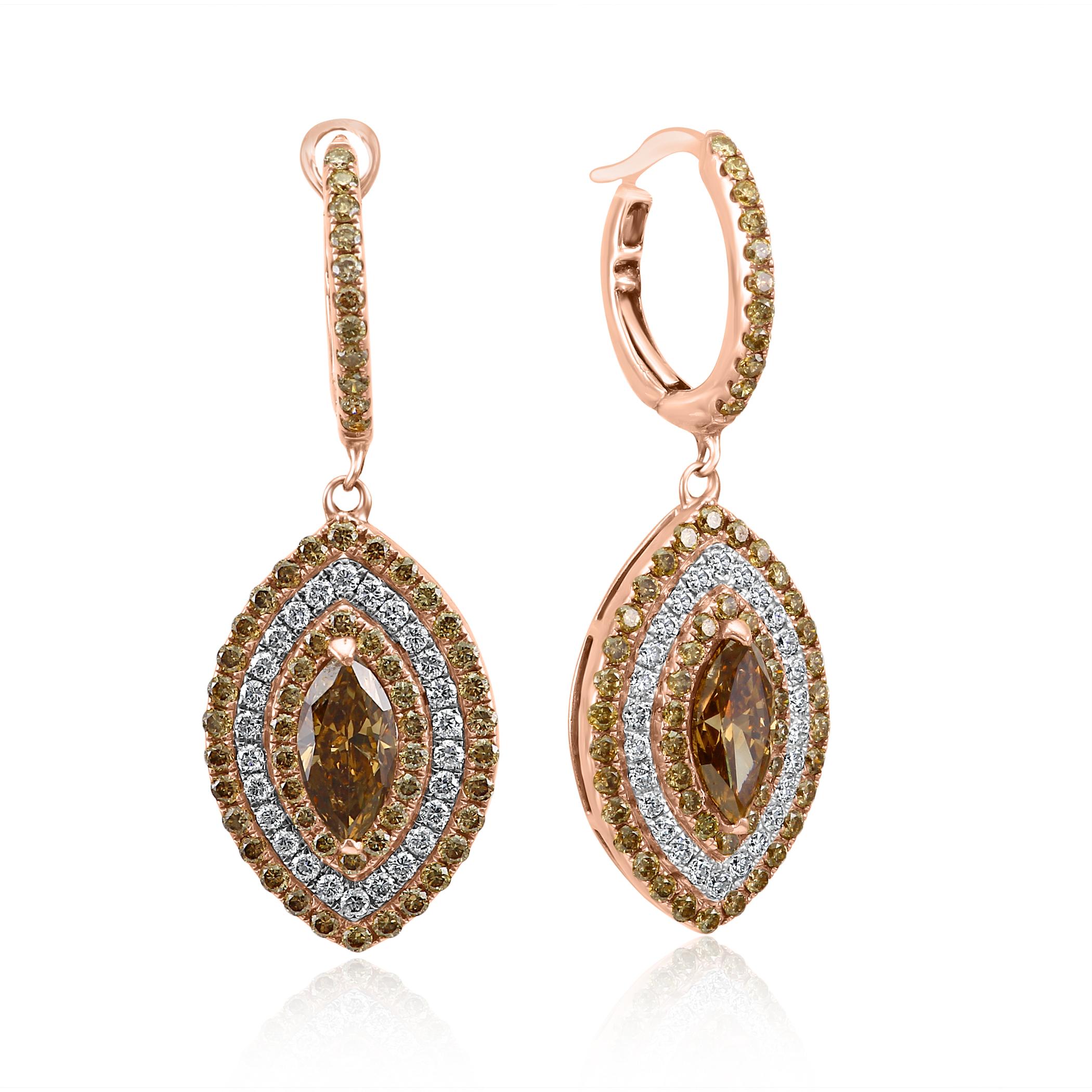 Modern Natural Champagne Diamonds Triple Halo Two Color Gold Dangle Drop Earrings