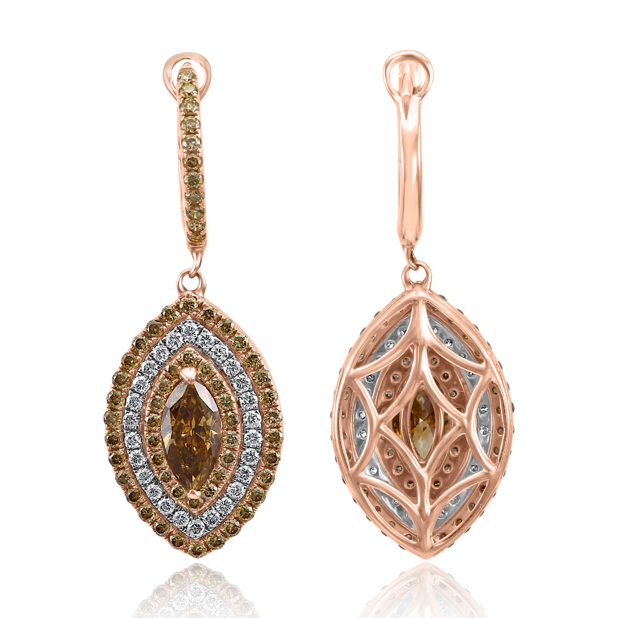 Natural Champagne Diamonds Triple Halo Two Color Gold Dangle Drop Earrings In New Condition In NEW YORK, NY