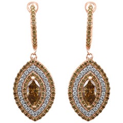Natural Champagne Diamonds Triple Halo Two Color Gold Dangle Drop Earrings