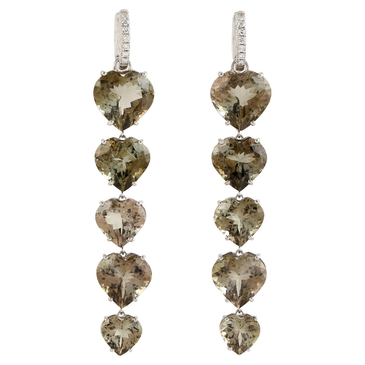 Natural Champagne Tourmaline Heart-Shaped Cascading 18k White Gold Drop Earrings For Sale