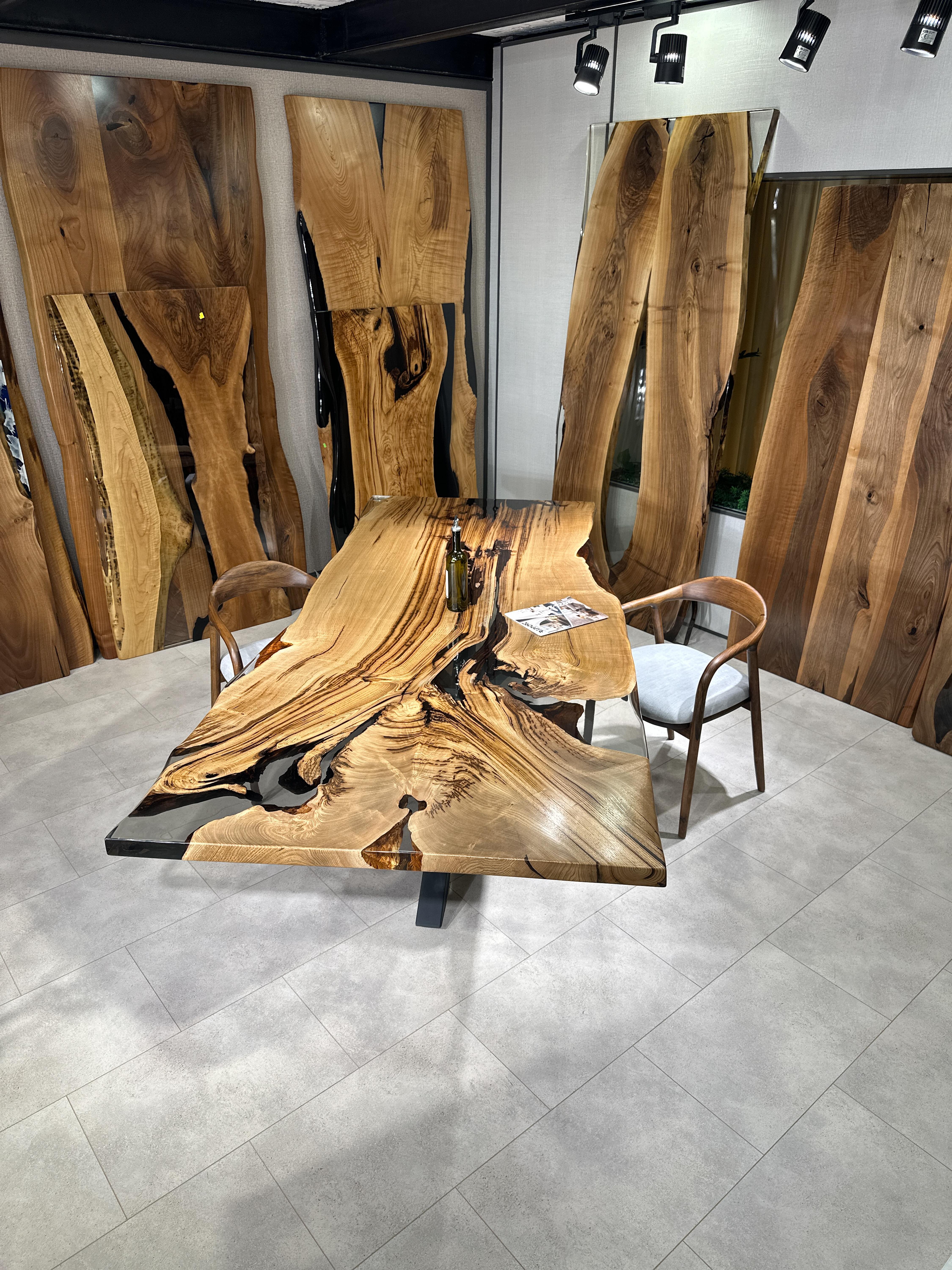 Contemporary Natural Chestnut Epoxy Resin River Light Wood Dining Table For Sale