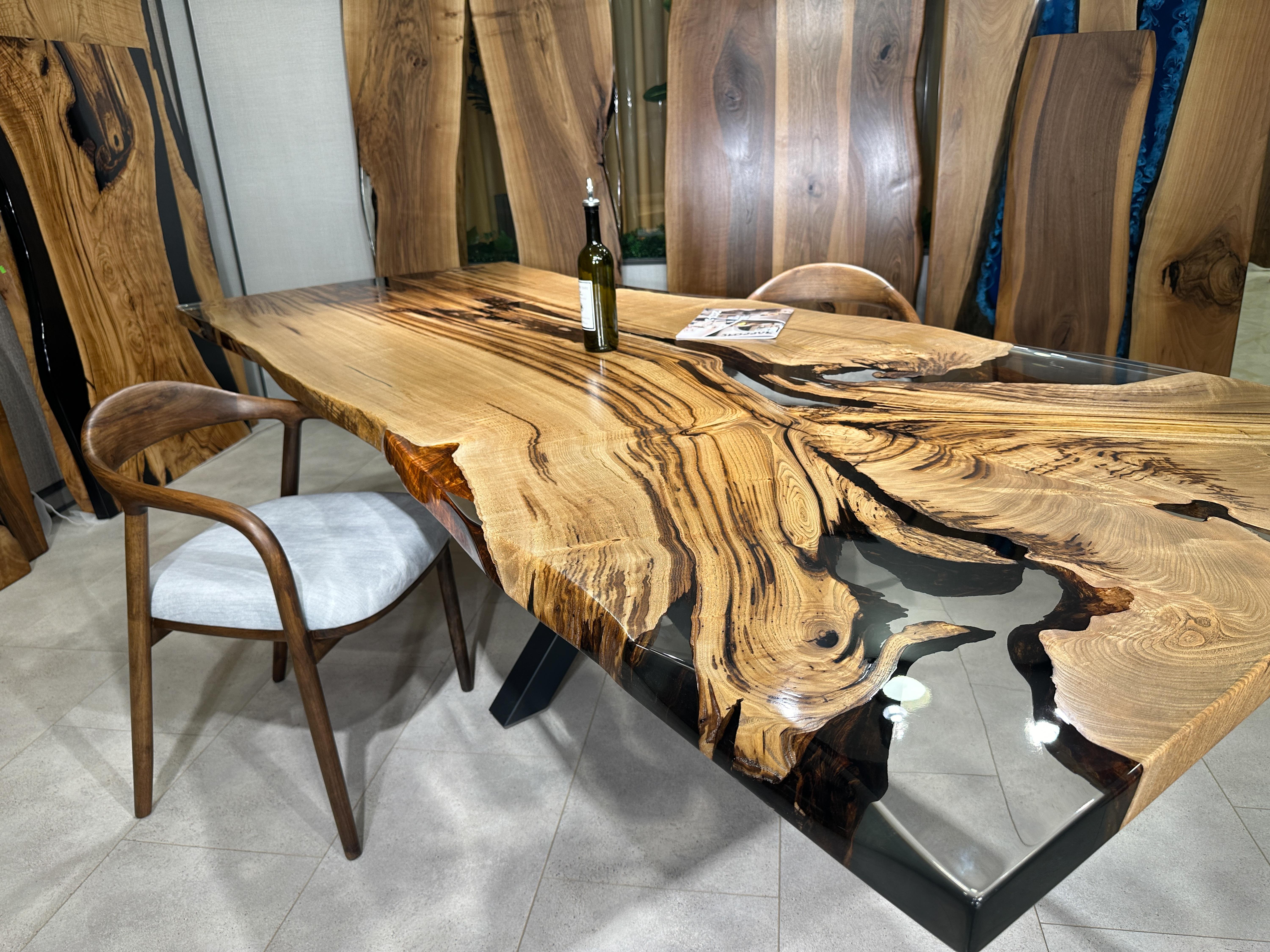 Arts and Crafts Natural Chestnut Epoxy Resin River Light Wood Dining Table For Sale